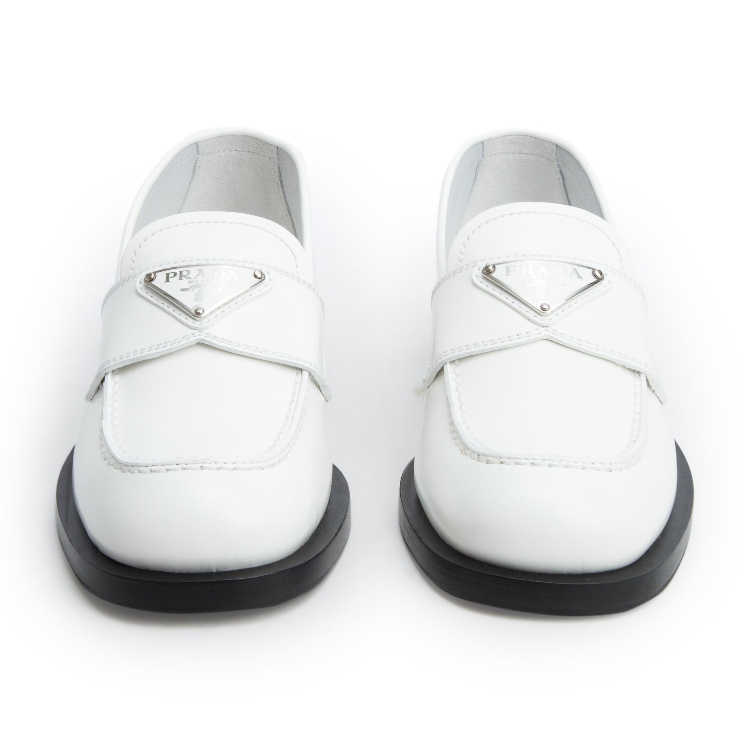 Prada White Brushed Calfskin Leather Metal Triangle Logo Loafers, Women's Size 35 w/ Box