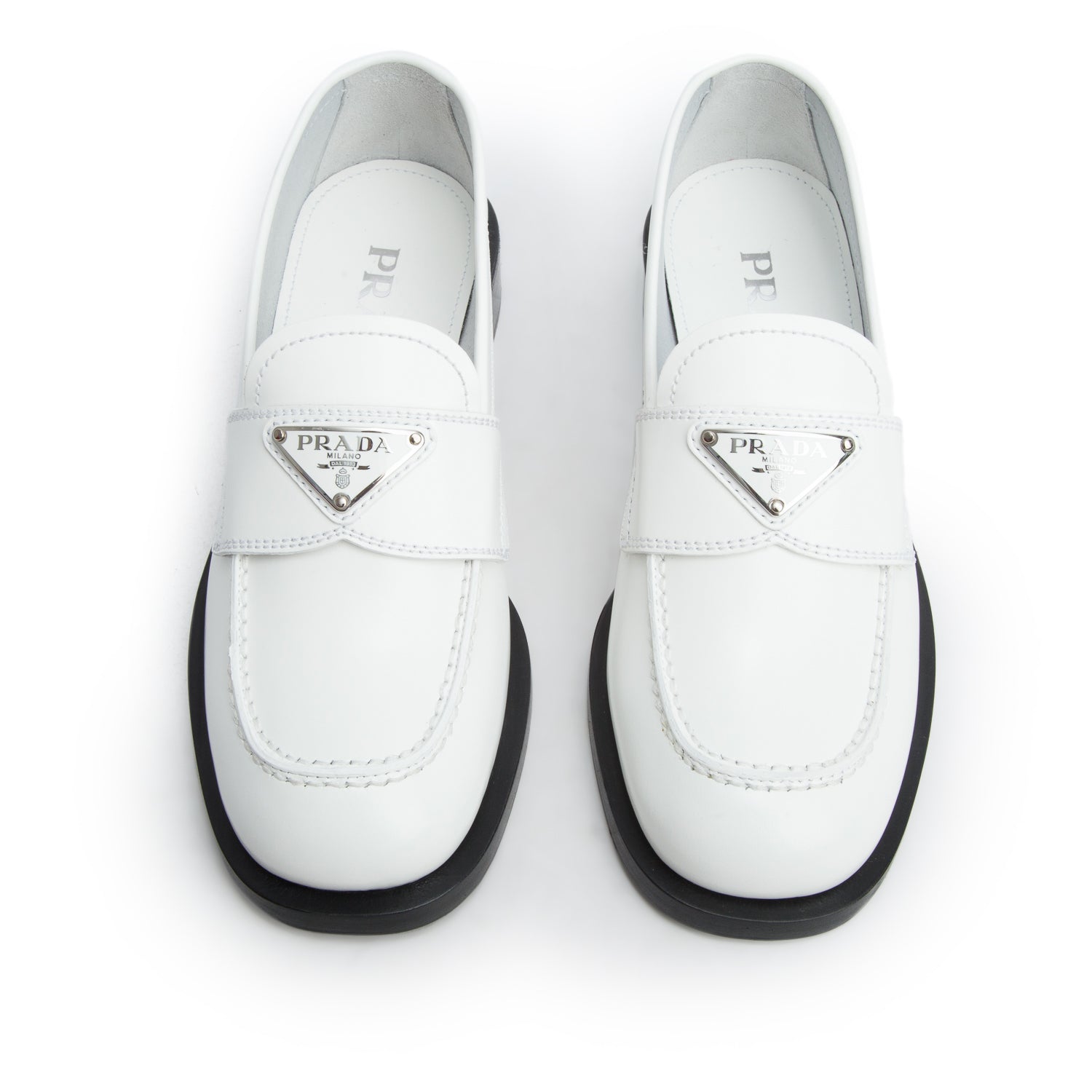 Prada White Brushed Calfskin Leather Metal Triangle Logo Loafers, Women's Size 35 w/ Box