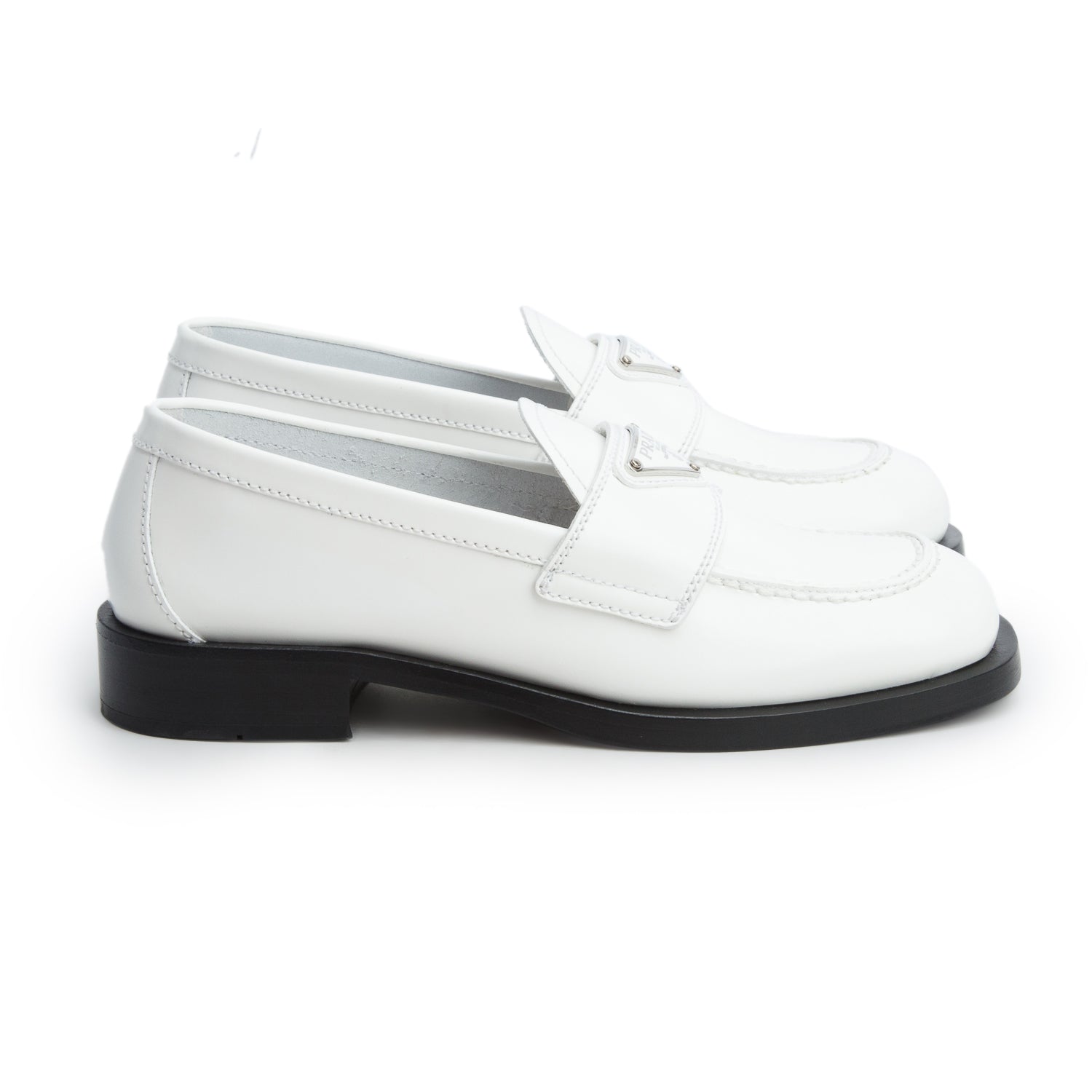 Prada White Brushed Calfskin Leather Metal Triangle Logo Loafers, Women's Size 35 w/ Box