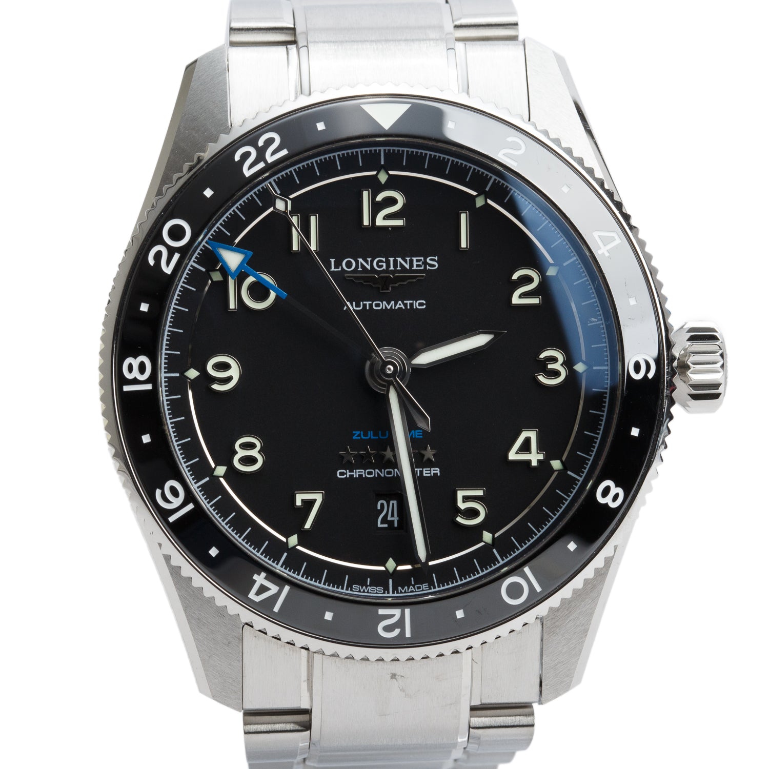 Longines Stainless Steel Spirit Zulu Time 42 MM Automatic Watch Black Dial w/ Box & Papers