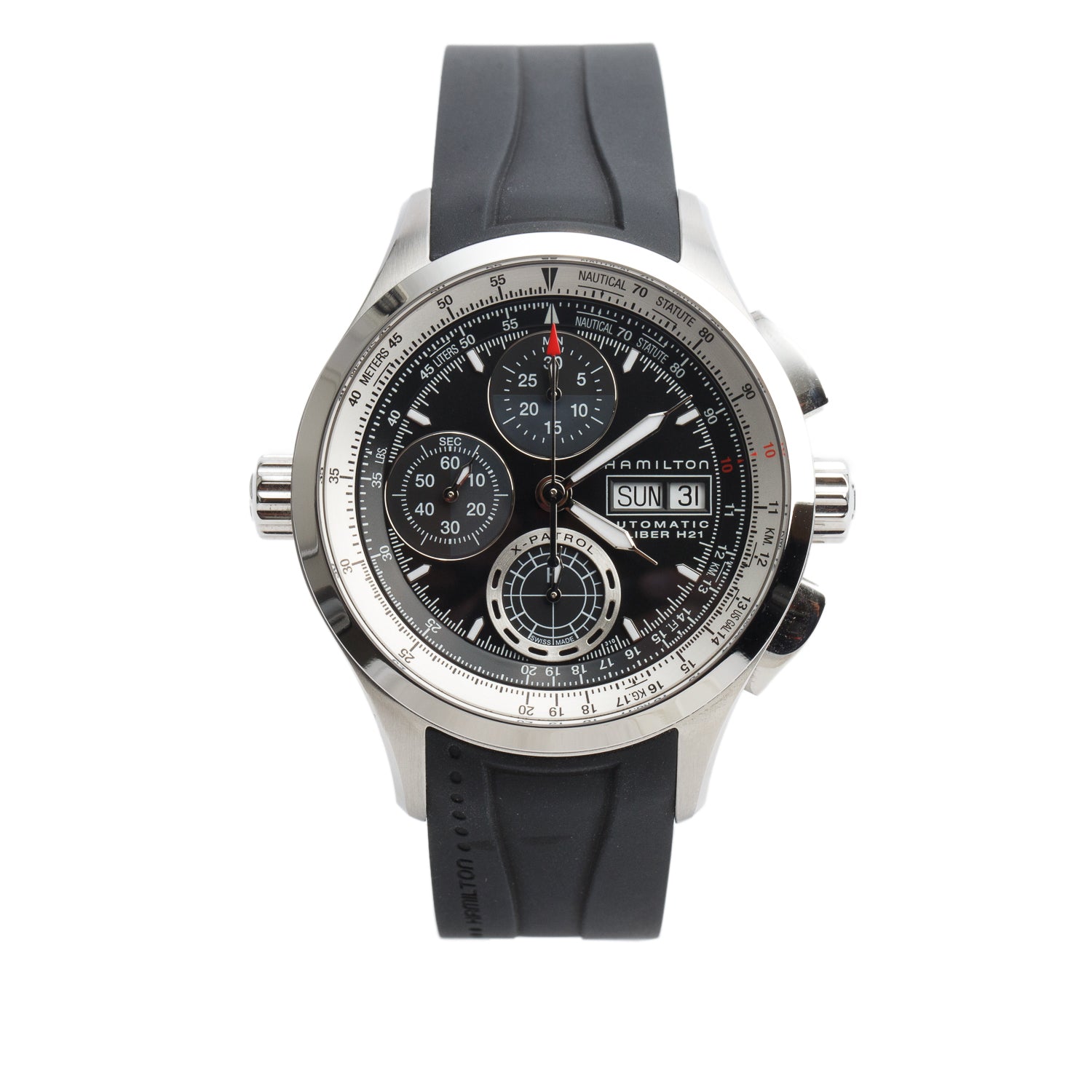 Hamilton Stainless Steel Khaki Aviation X Patrol 42 MM Automatic Chronograph Watch Black Dial H765560 w/ Box