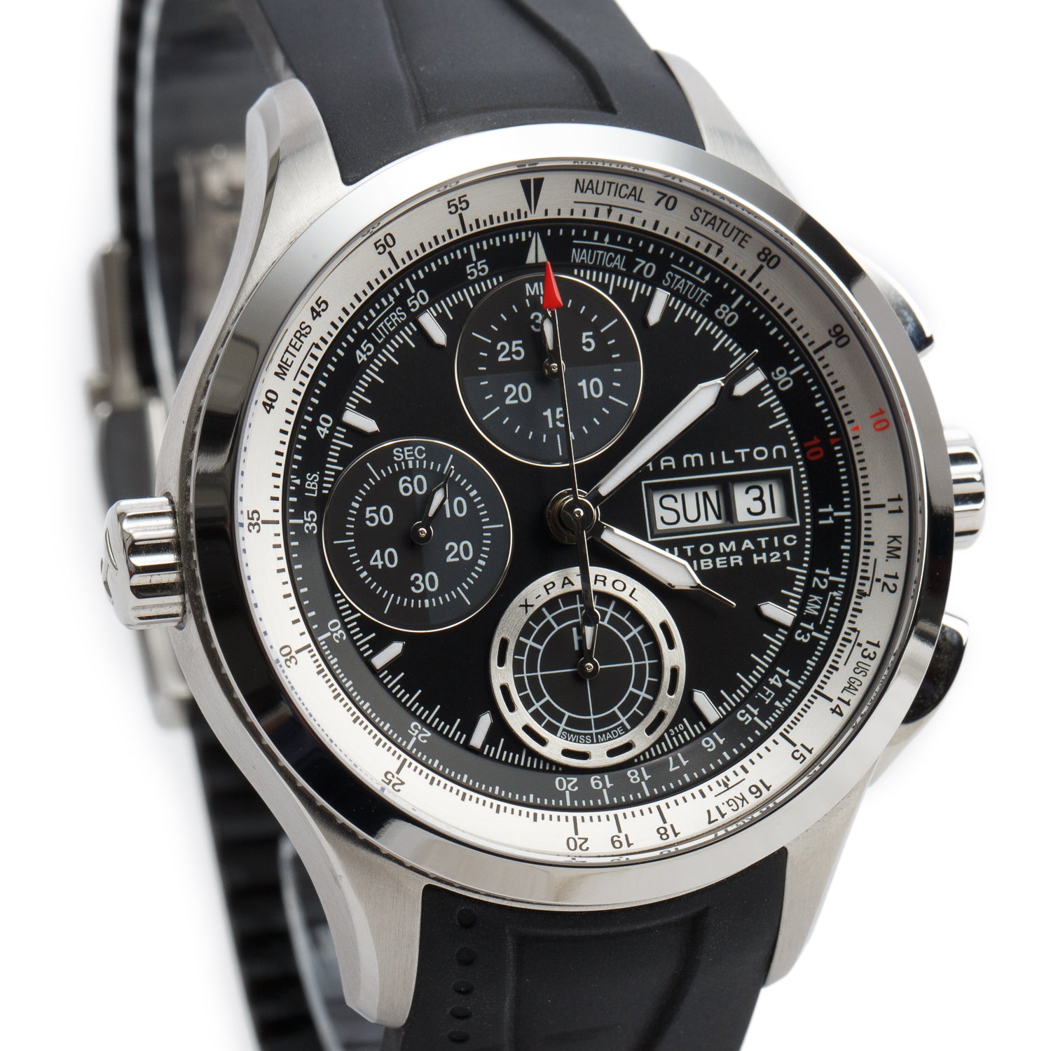 Hamilton Stainless Steel Khaki Aviation X Patrol 42 MM Automatic Chronograph Watch Black Dial H765560 w/ Box
