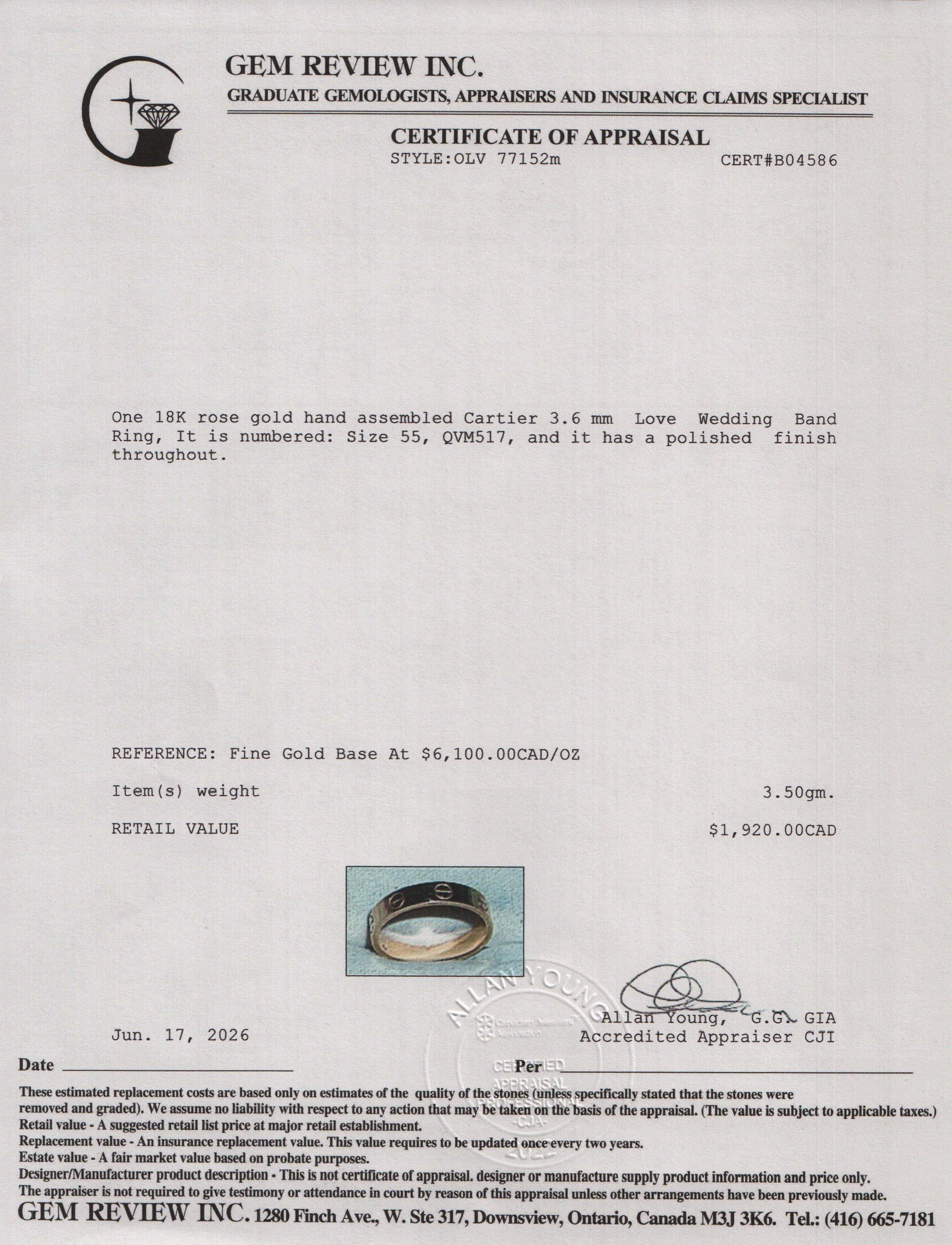 Cartier 18k Rose Gold 3.6 MM Love Wedding Band Ring, Size 55 7.25 w/ Box, Receipt & Certificate
