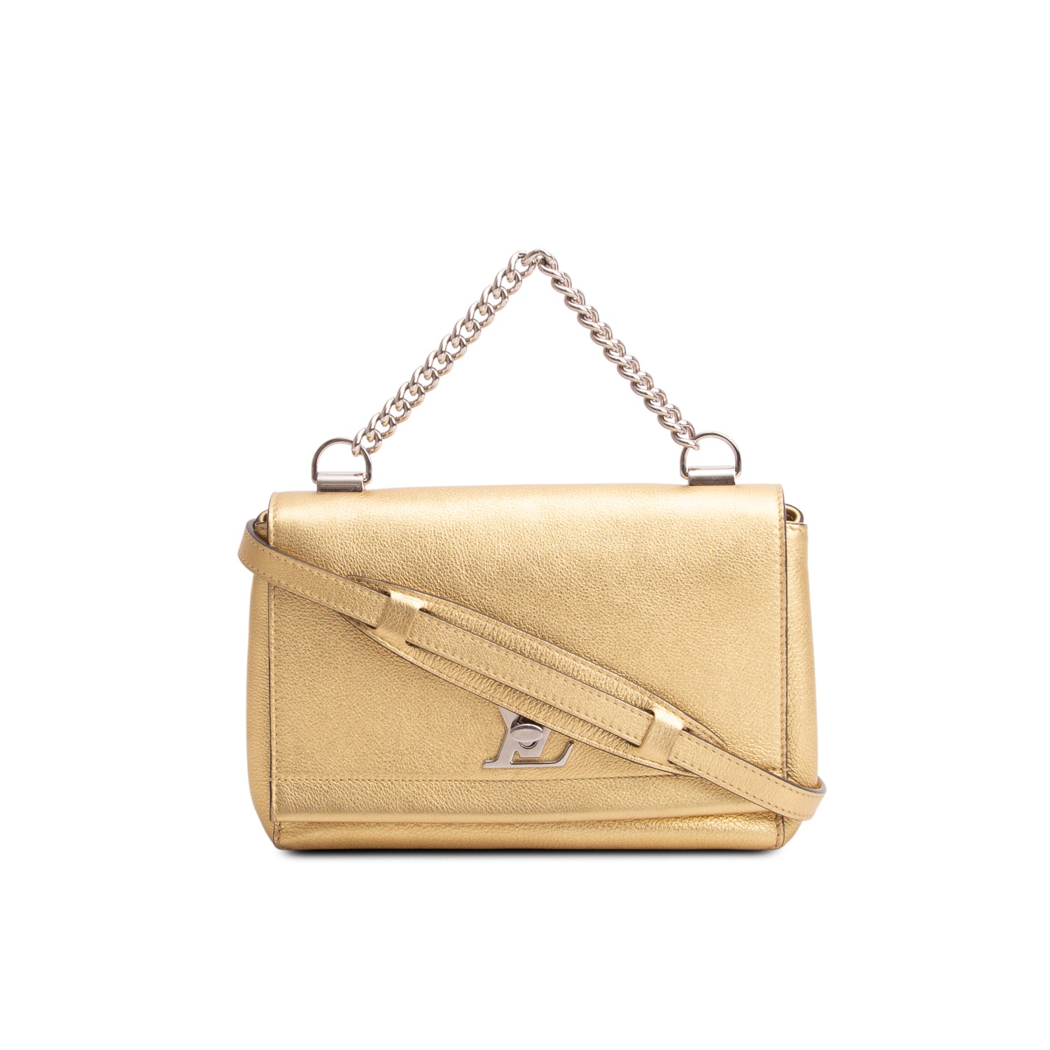 Louis Vuitton Metallic Gold Taurillon Leather LockMe II BB Chain Bag w/ Strap