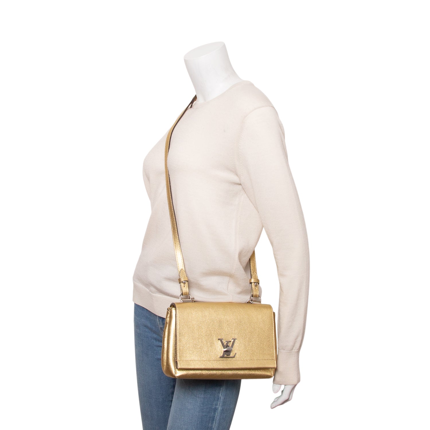 Louis Vuitton Metallic Gold Taurillon Leather LockMe II BB Chain Bag w/ Strap