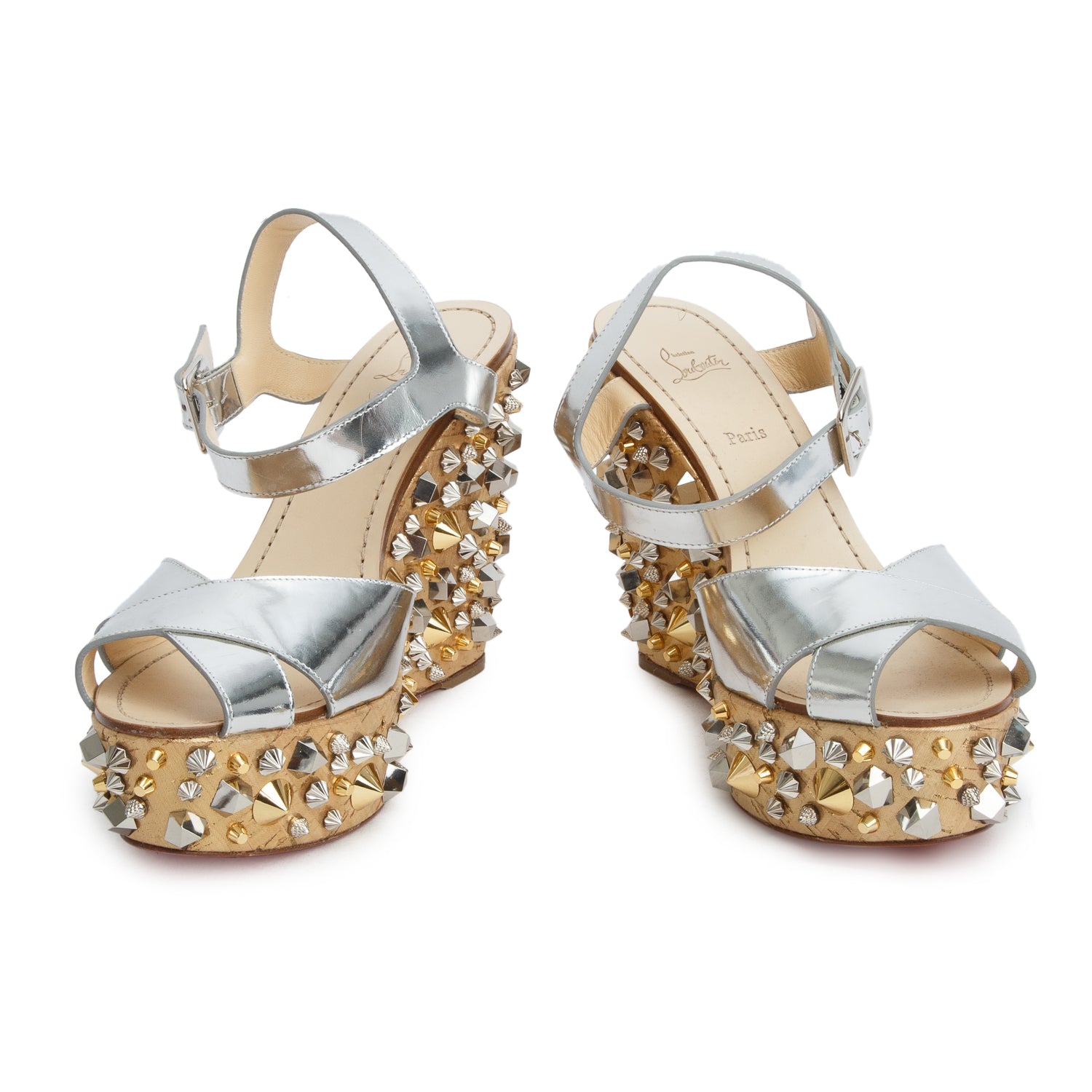 Christian Louboutin Metallic Silver Patent Leather Studded Almeria Wedge Sandals, Size 40