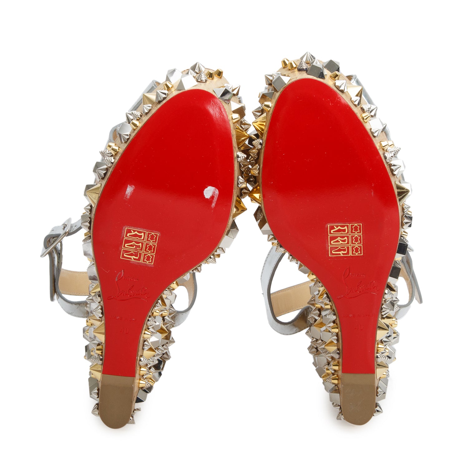 Christian Louboutin Metallic Silver Patent Leather Studded Almeria Wedge Sandals, Size 40