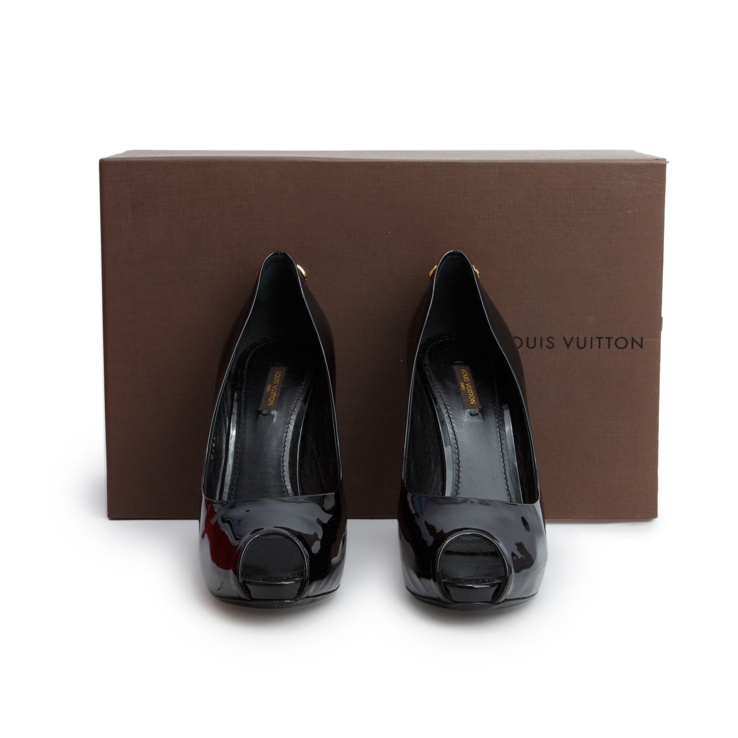 Louis Vuitton Black Patent Leather Lock It Peep Toe Pumps, Size 41 w/ Box