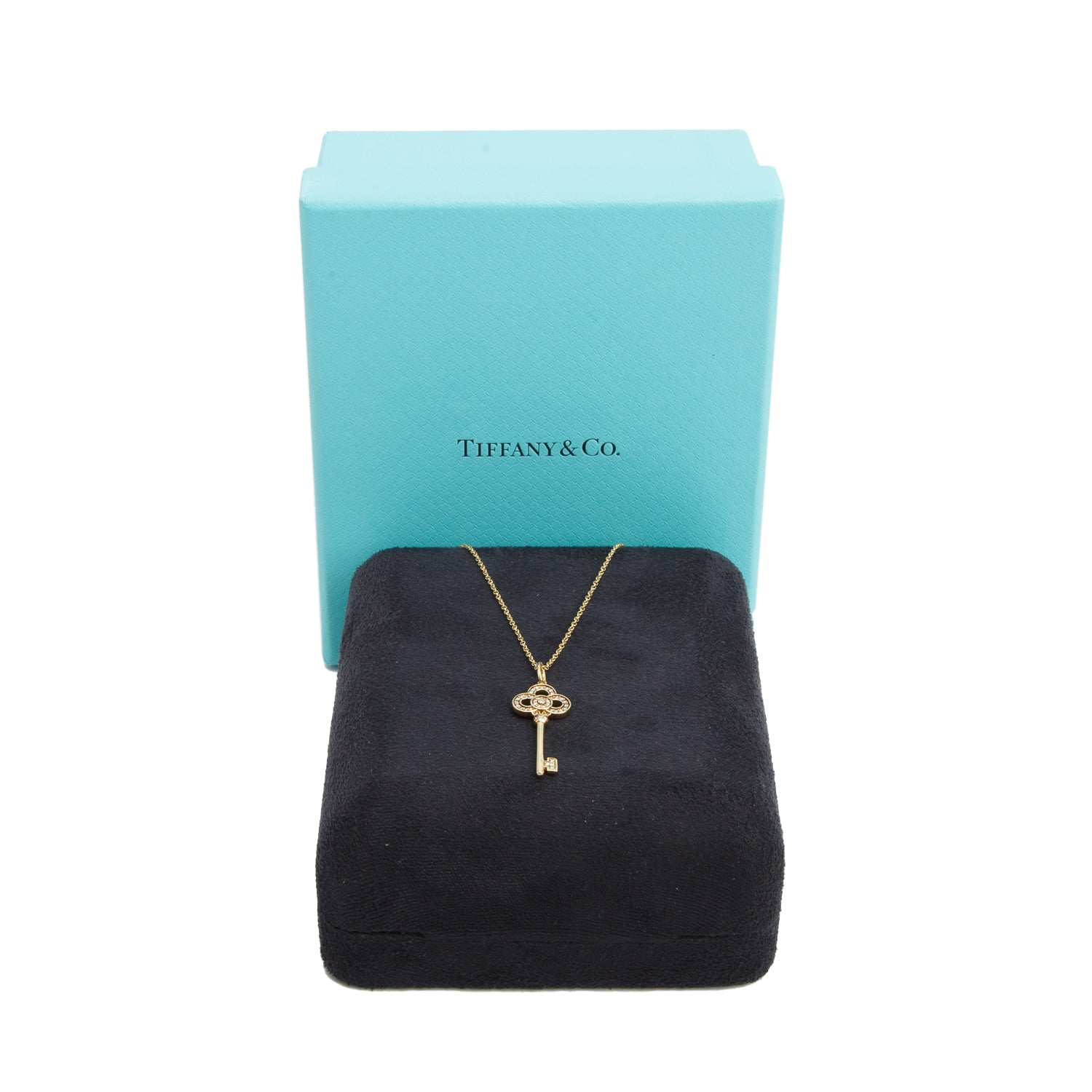 Tiffany & Co. 18k Yellow Gold Diamond 1" Mini Crown Key Pendant Necklace w/ Box
