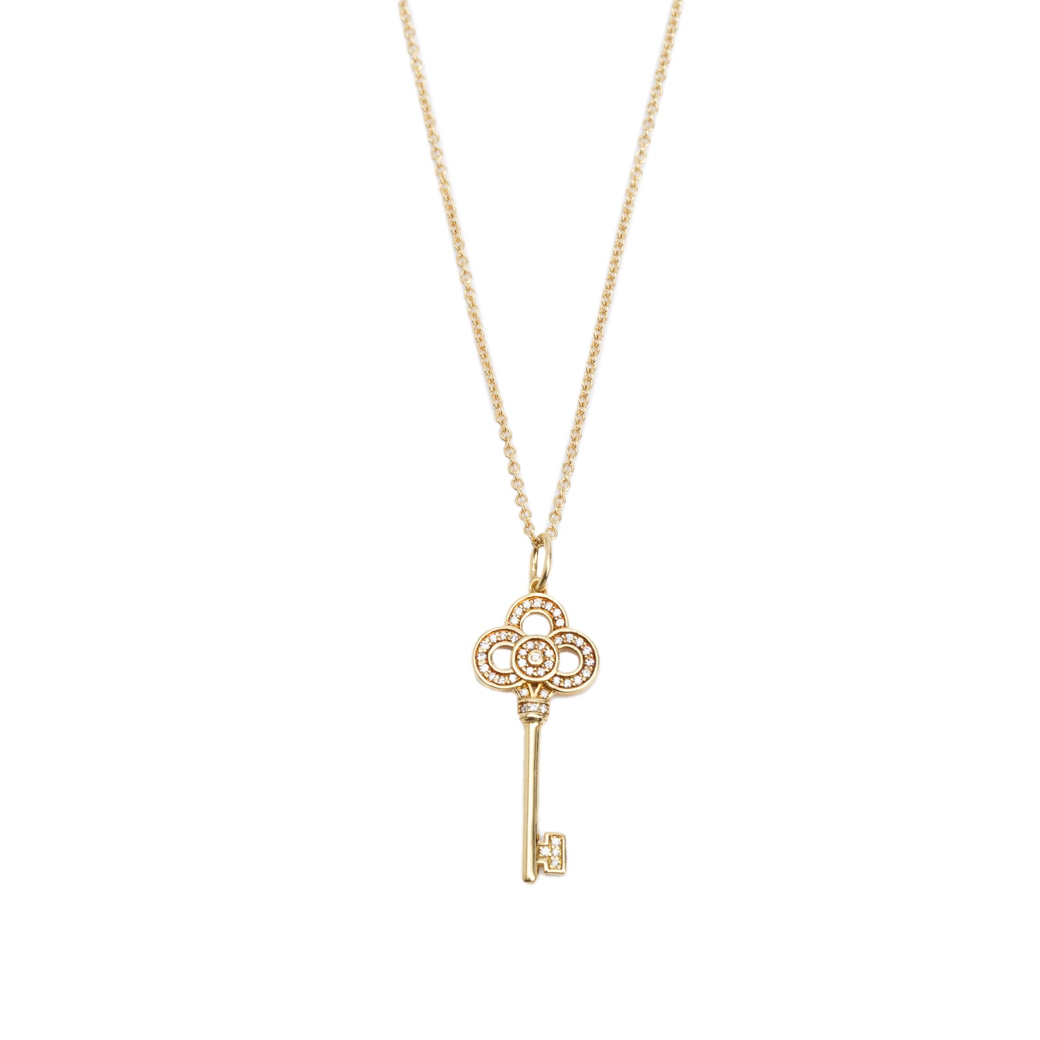 Tiffany & Co. 18k Yellow Gold Diamond 1" Mini Crown Key Pendant Necklace w/ Box