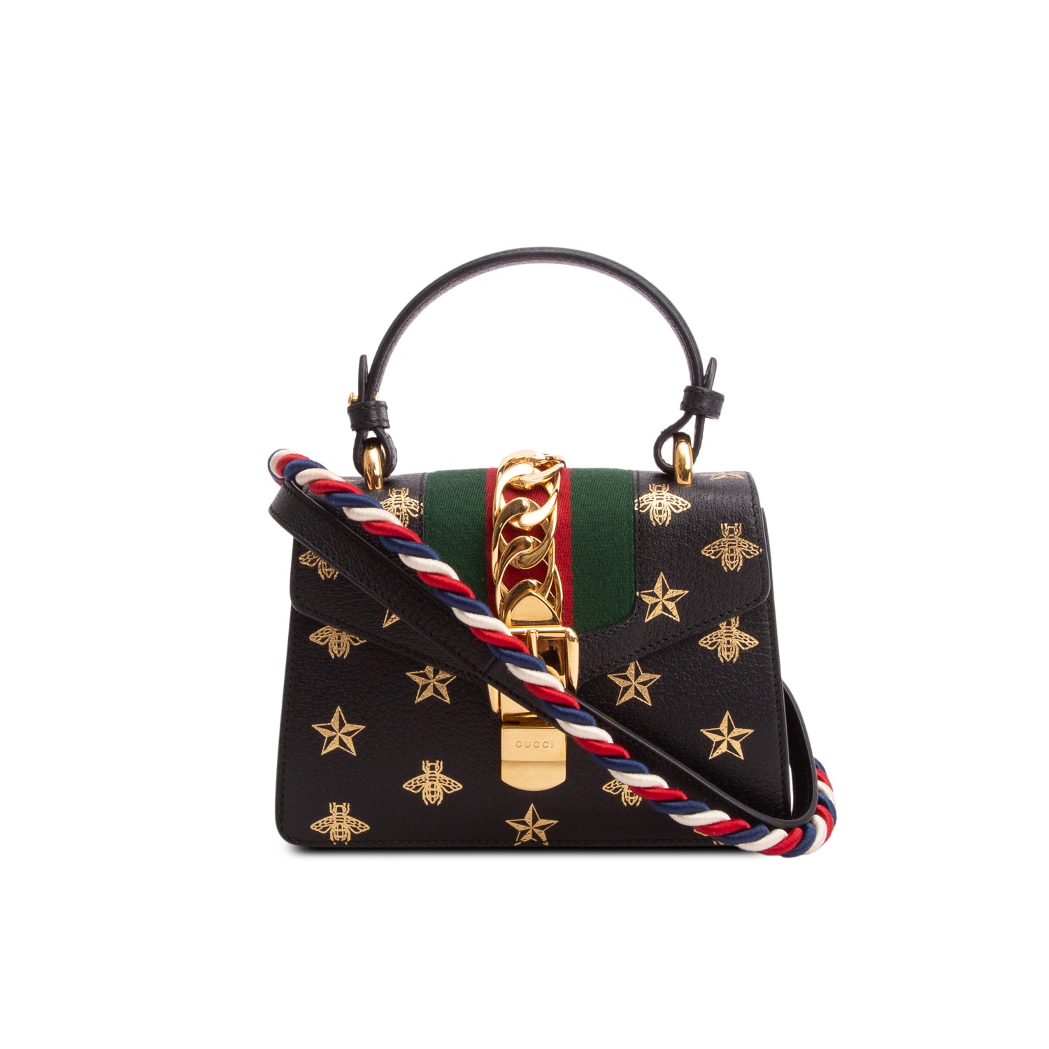 Gucci Black Textured Calfskin Bee Star Print Mini Sylvie Top Handle Bag w/ Straps