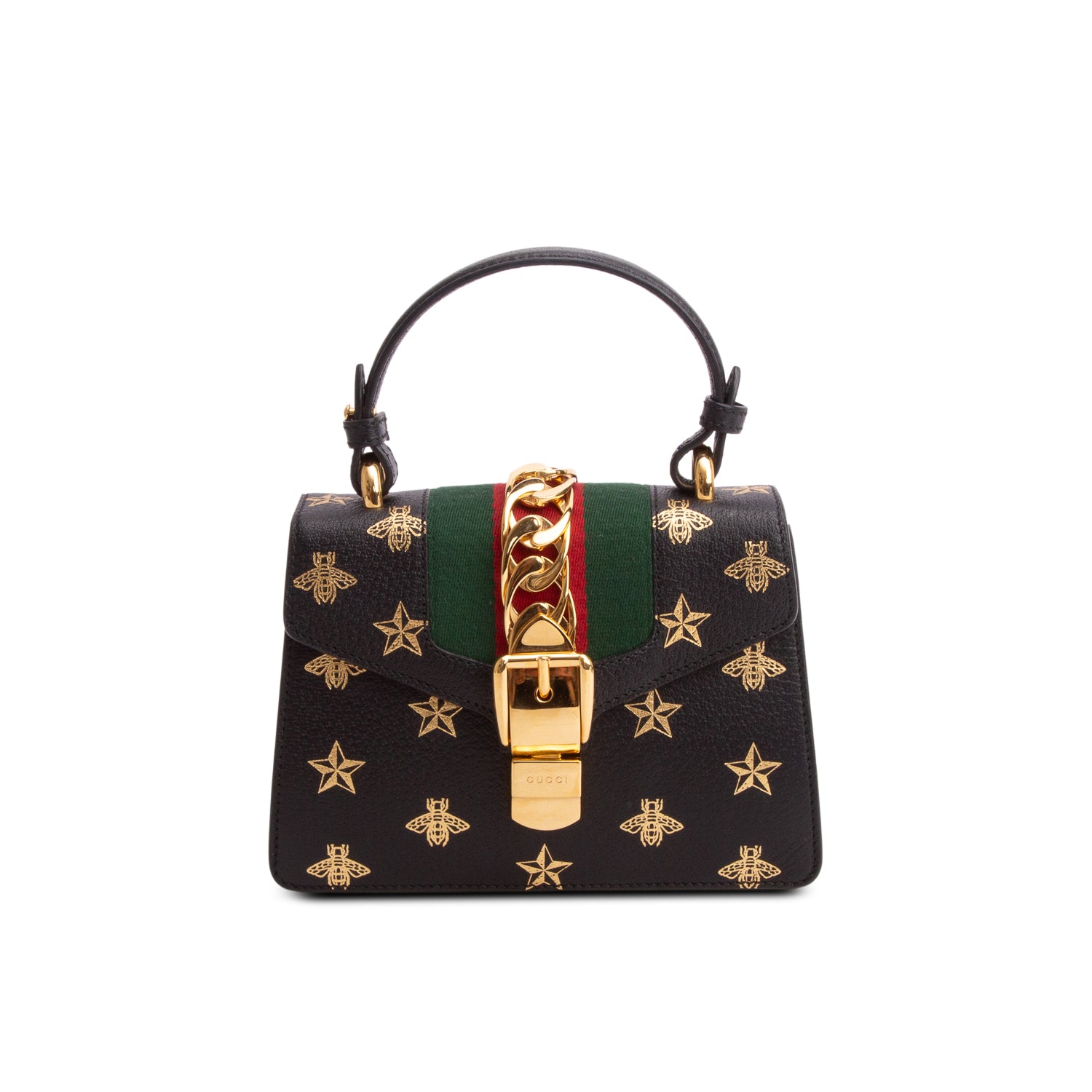 Gucci Black Textured Calfskin Bee Star Print Mini Sylvie Top Handle Bag w/ Straps