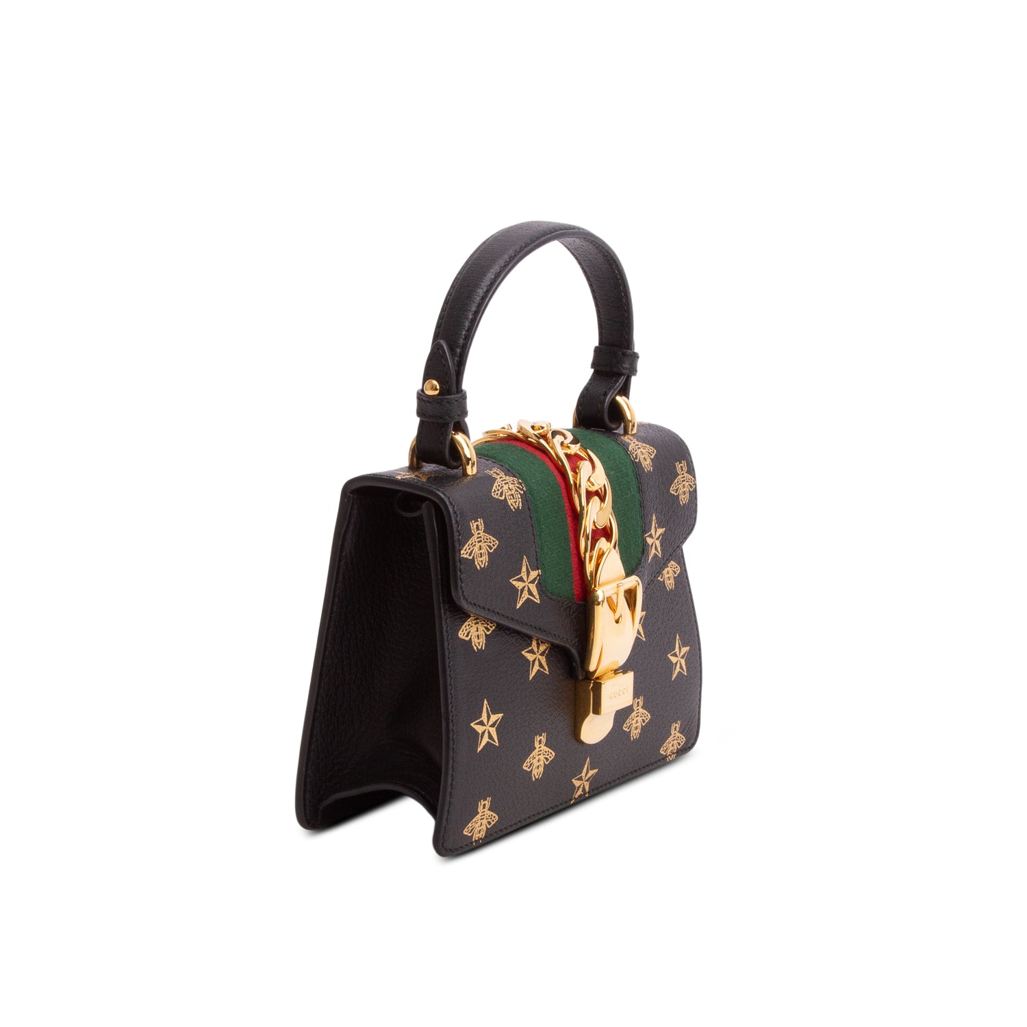 Gucci Black Textured Calfskin Bee Star Print Mini Sylvie Top Handle Bag w/ Straps