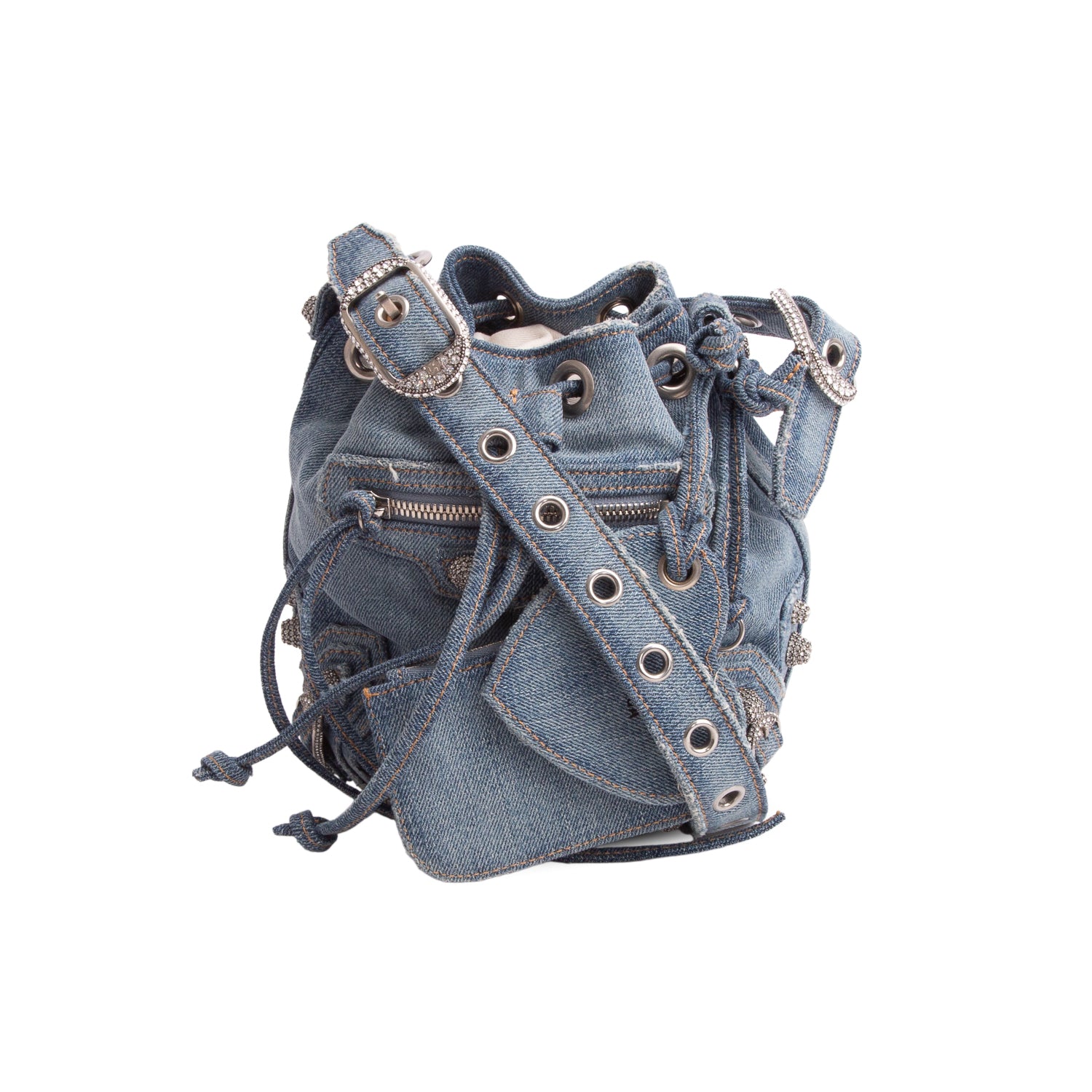 Balenciaga Blue Washed Denim Crystal BB Monogram Le Cagole Bucket Bag XS
