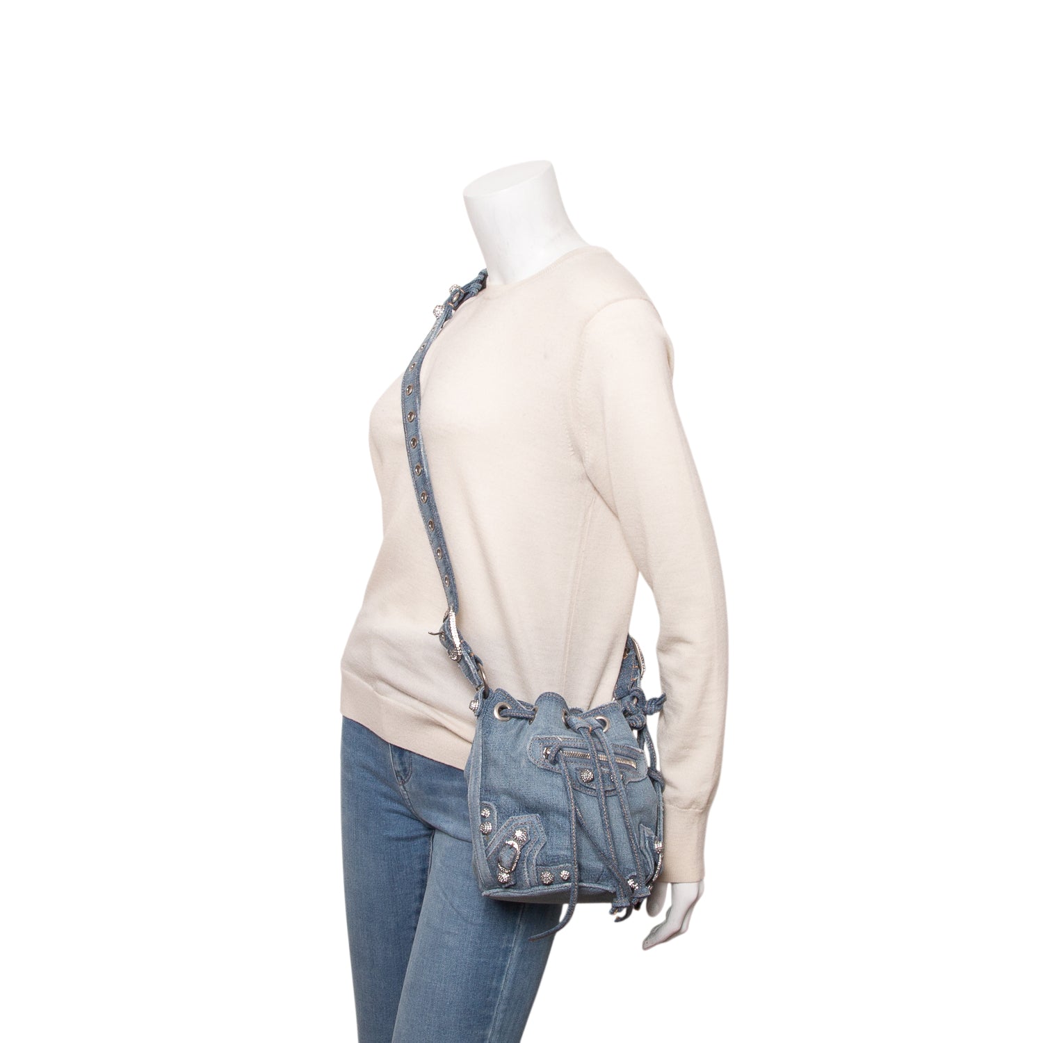 Balenciaga Blue Washed Denim Crystal BB Monogram Le Cagole Bucket Bag XS