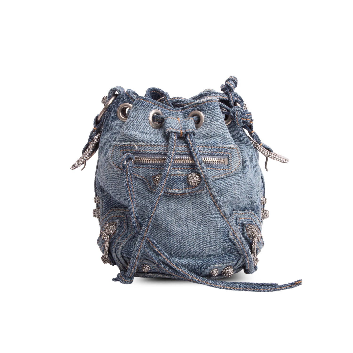 Balenciaga Blue Washed Denim Crystal BB Monogram Le Cagole Bucket Bag XS