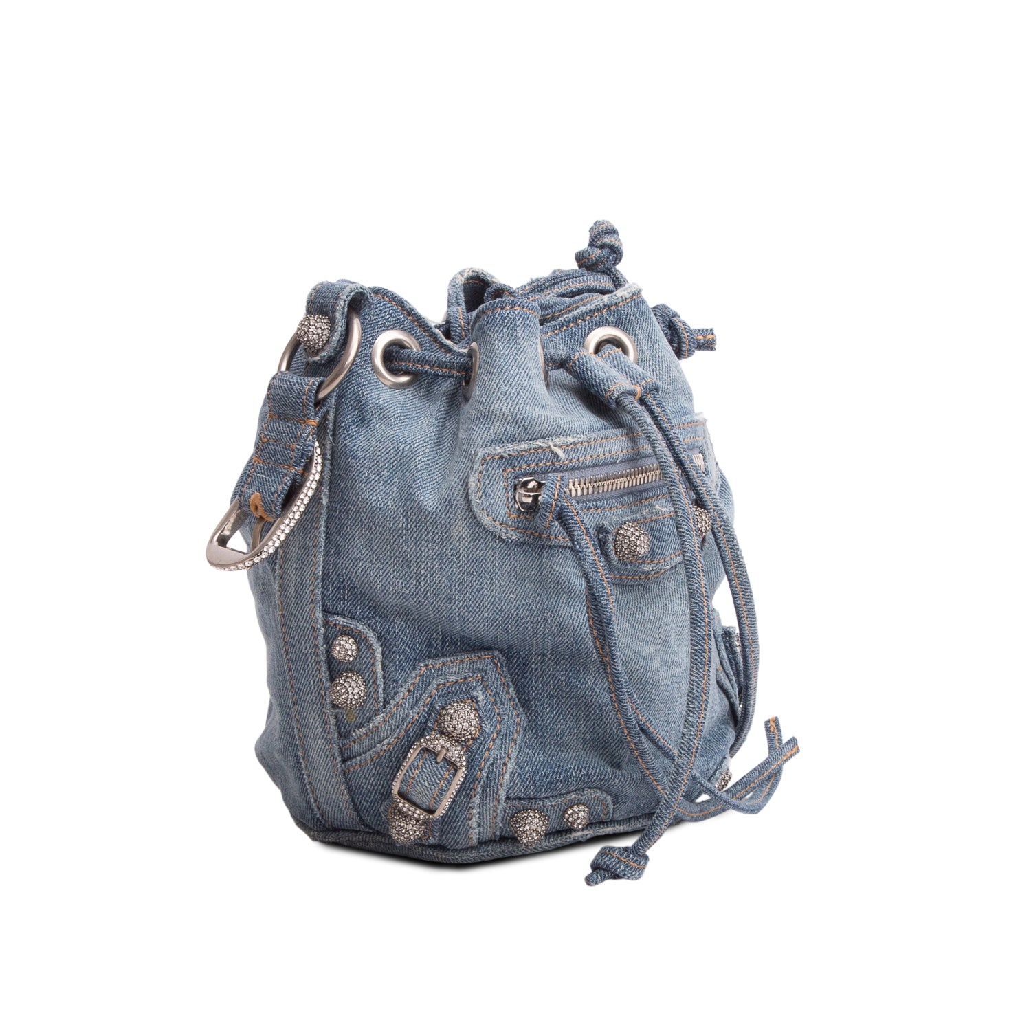 Balenciaga Blue Washed Denim Crystal BB Monogram Le Cagole Bucket Bag XS