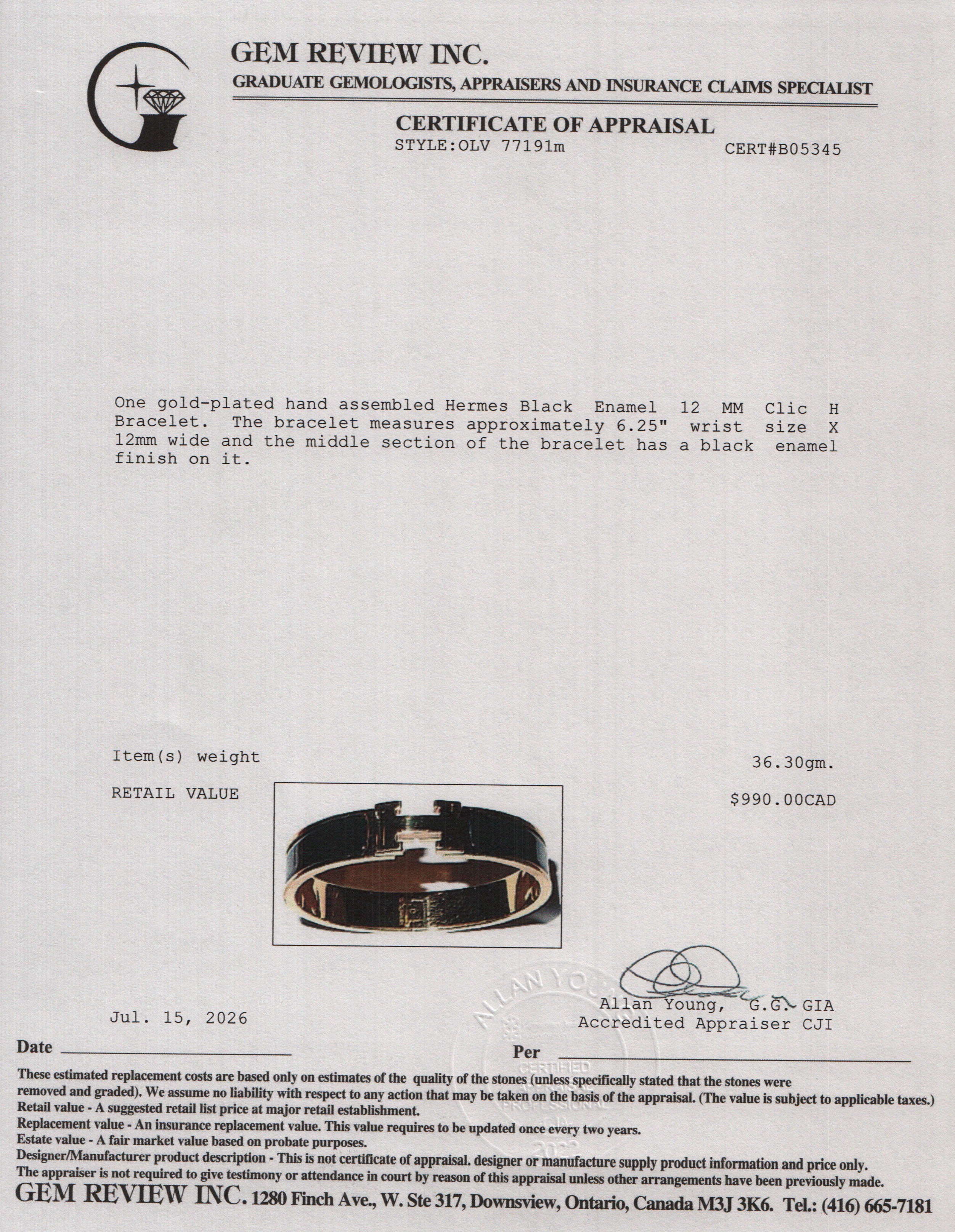 Hermes Gold Plated Black Enamel 12 MM Clic H Bracelet