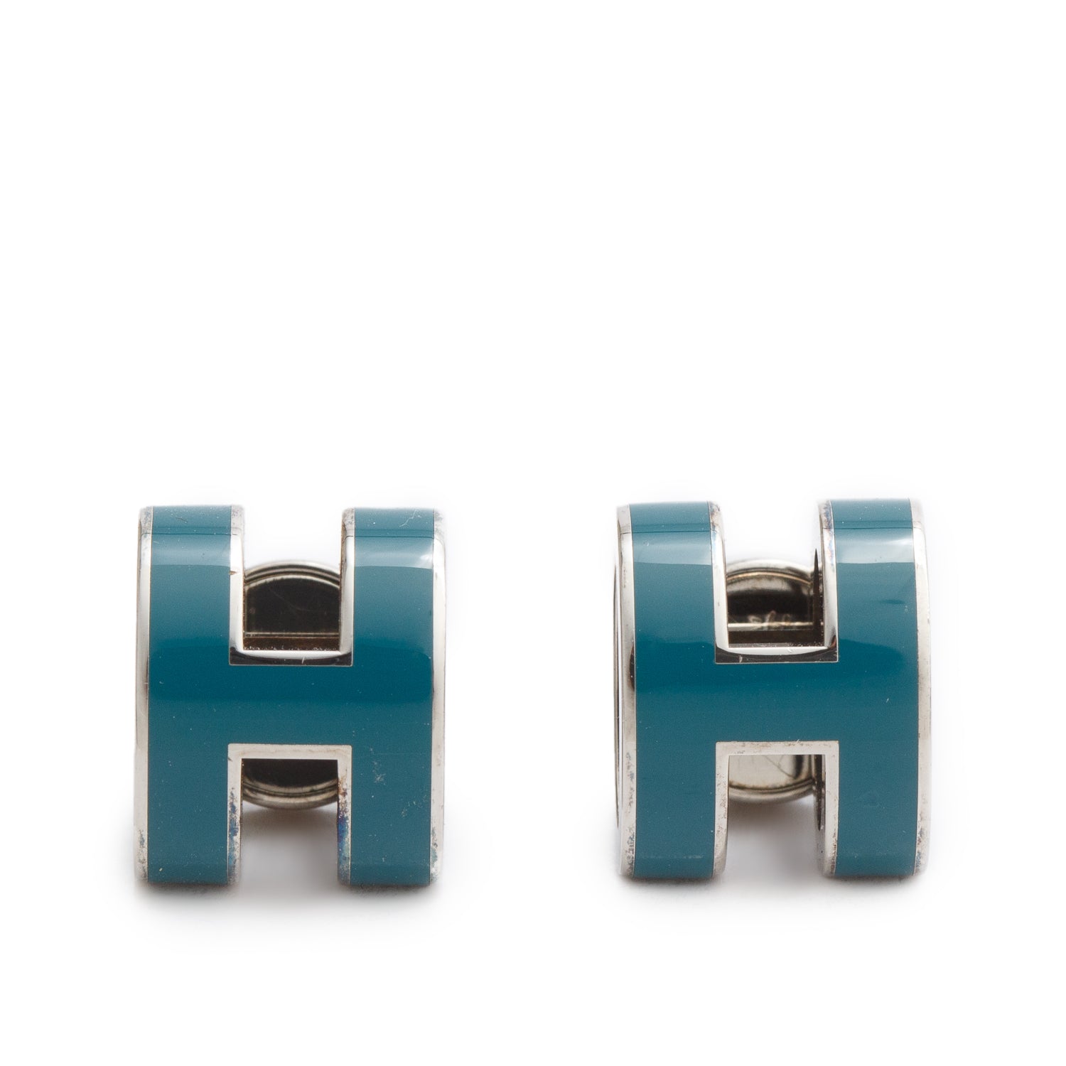 Hermes Palladium Plated Blue Lacquered Pop H Earrings
