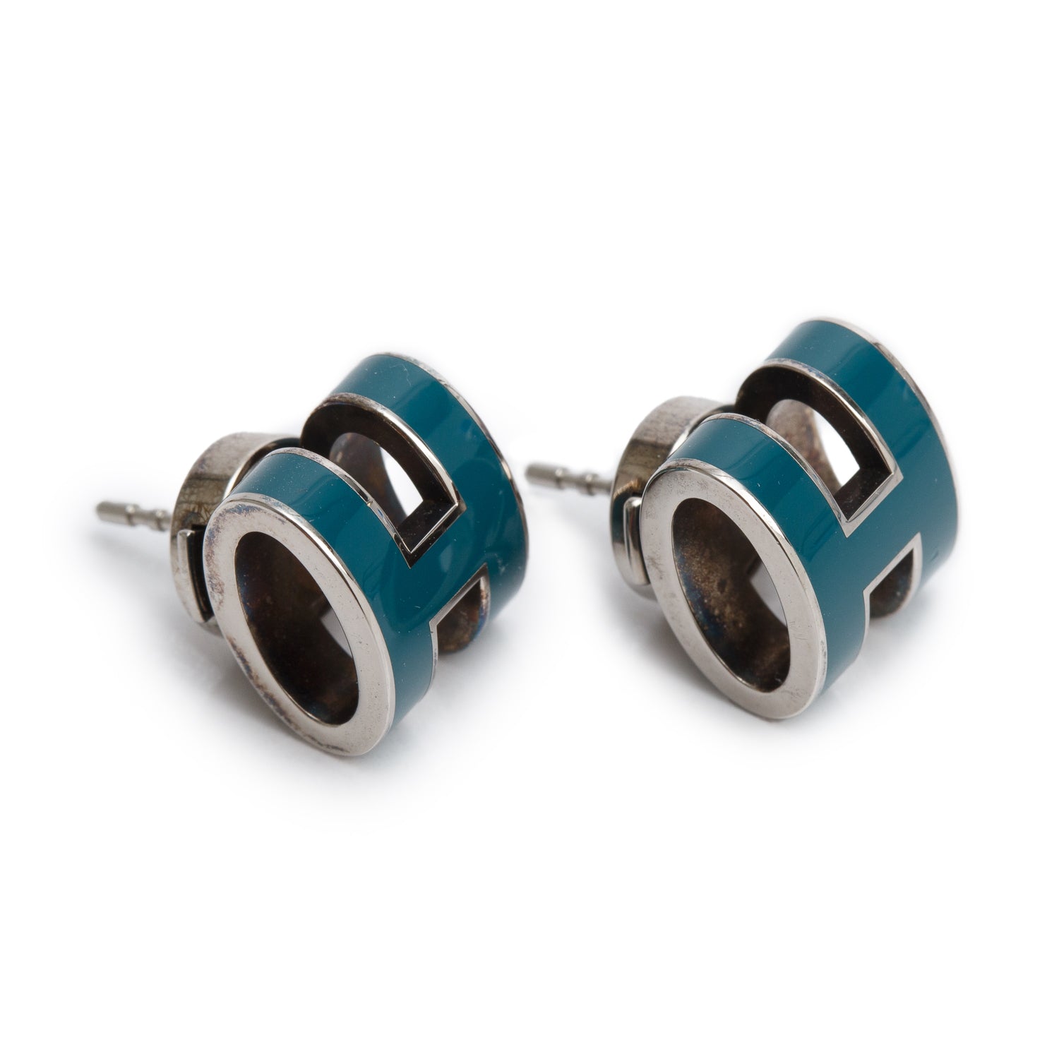 Hermes Palladium Plated Blue Lacquered Pop H Earrings