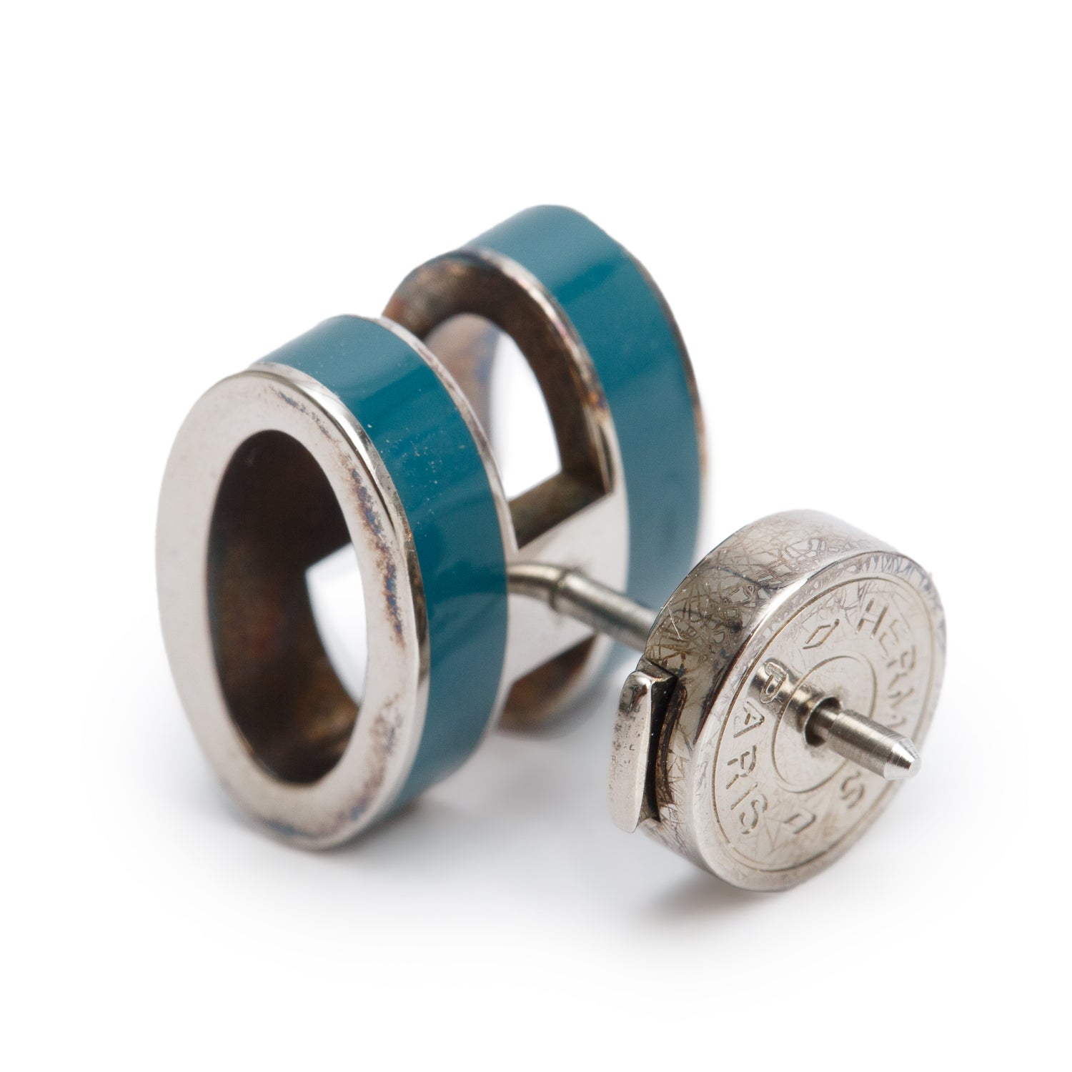 Hermes Palladium Plated Blue Lacquered Pop H Earrings