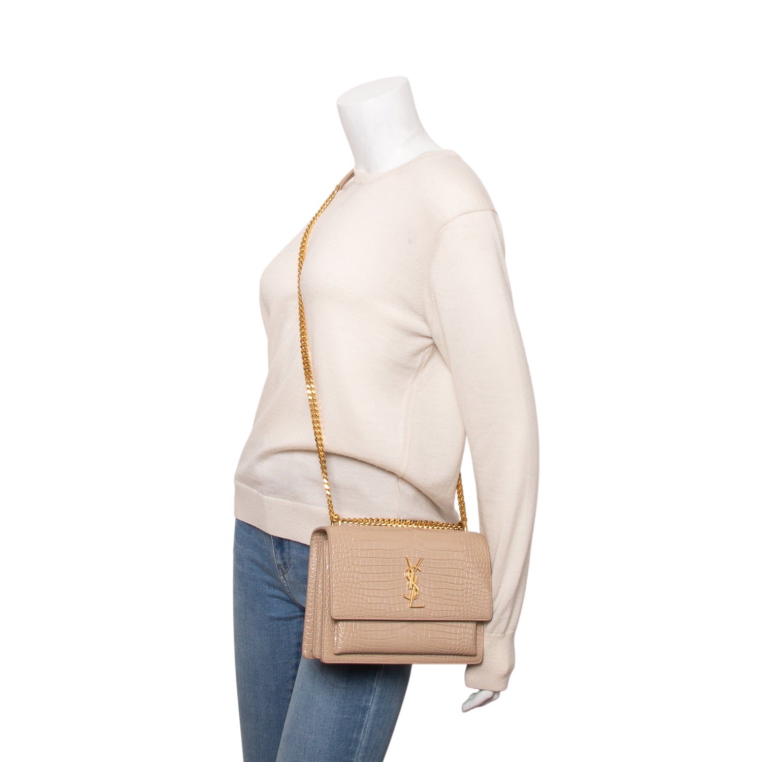 Saint Laurent 2020 Beige Croc Embossed Calfskin Medium Sunset Bag