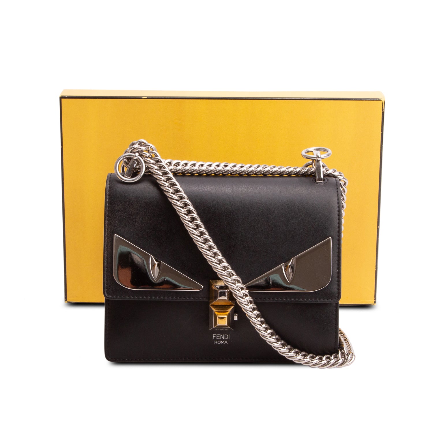 Fendi Black Vitello Liberty Lucido Metal Monster Eyes Studded Kan I Small Shoulder Bag w/ Box