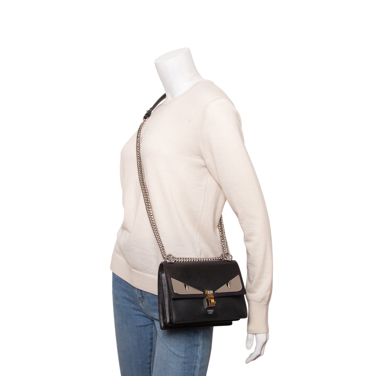 Fendi Black Vitello Liberty Lucido Metal Monster Eyes Studded Kan I Small Shoulder Bag w/ Box