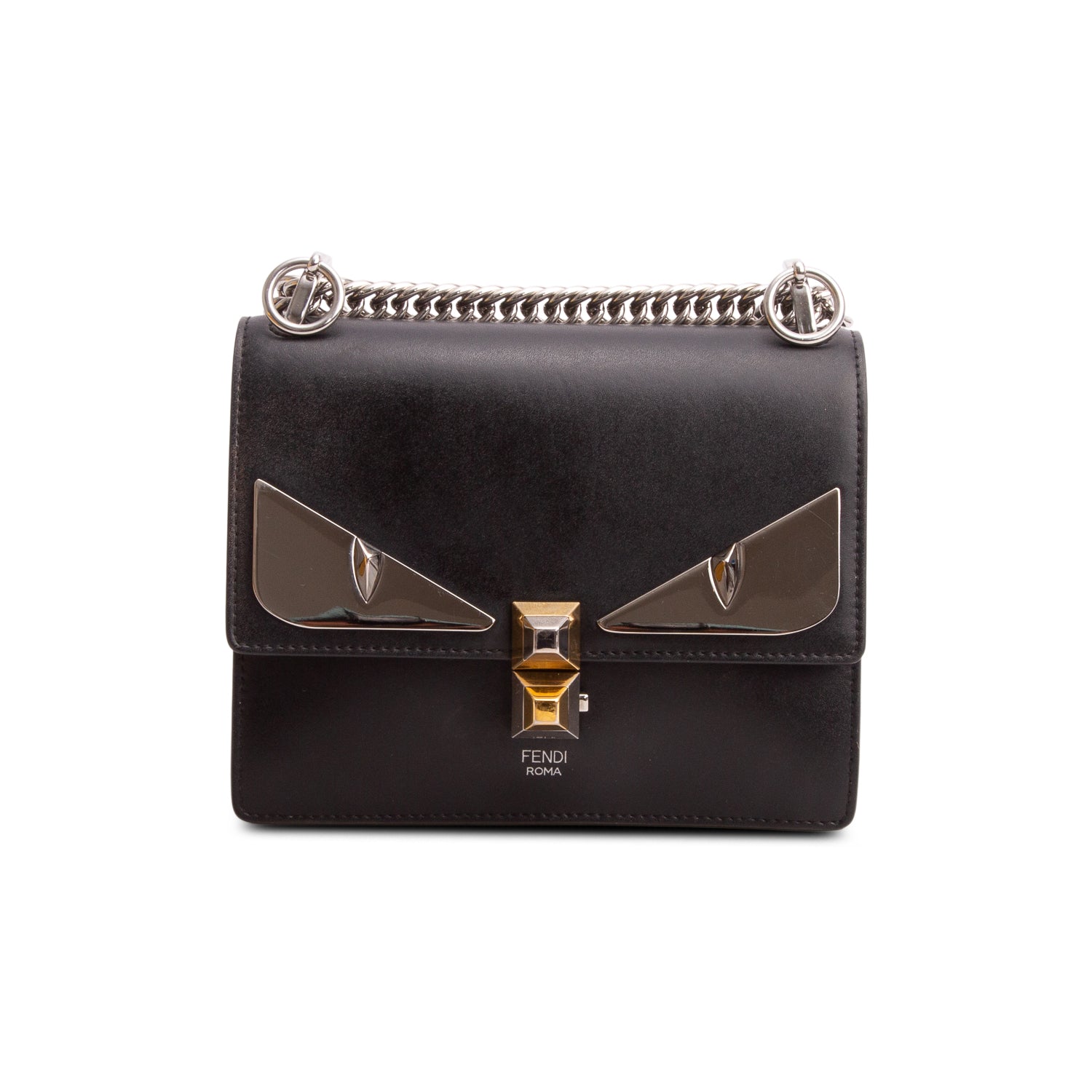 Fendi Black Vitello Liberty Lucido Metal Monster Eyes Studded Kan I Small Shoulder Bag w/ Box
