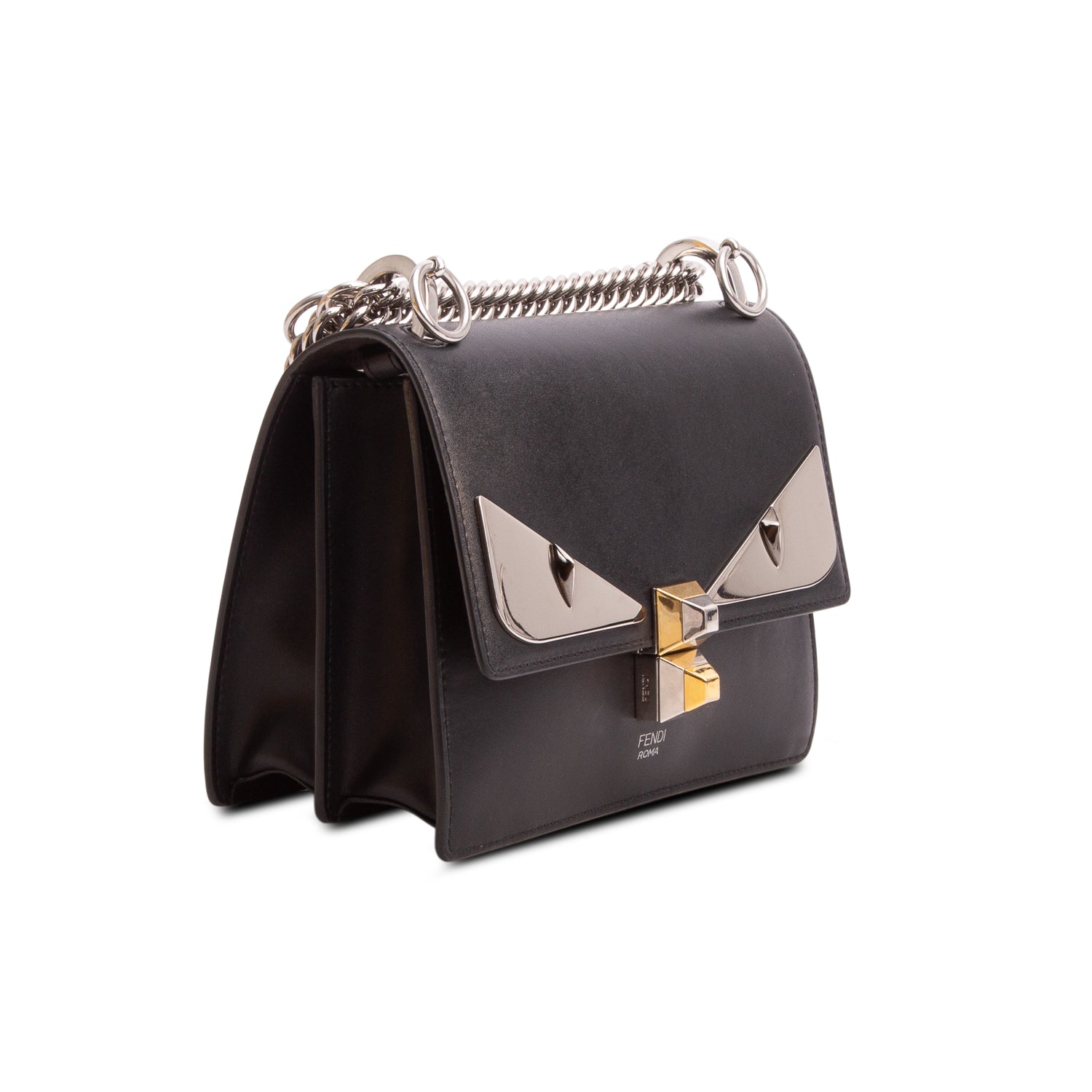 Fendi Black Vitello Liberty Lucido Metal Monster Eyes Studded Kan I Small Shoulder Bag w/ Box