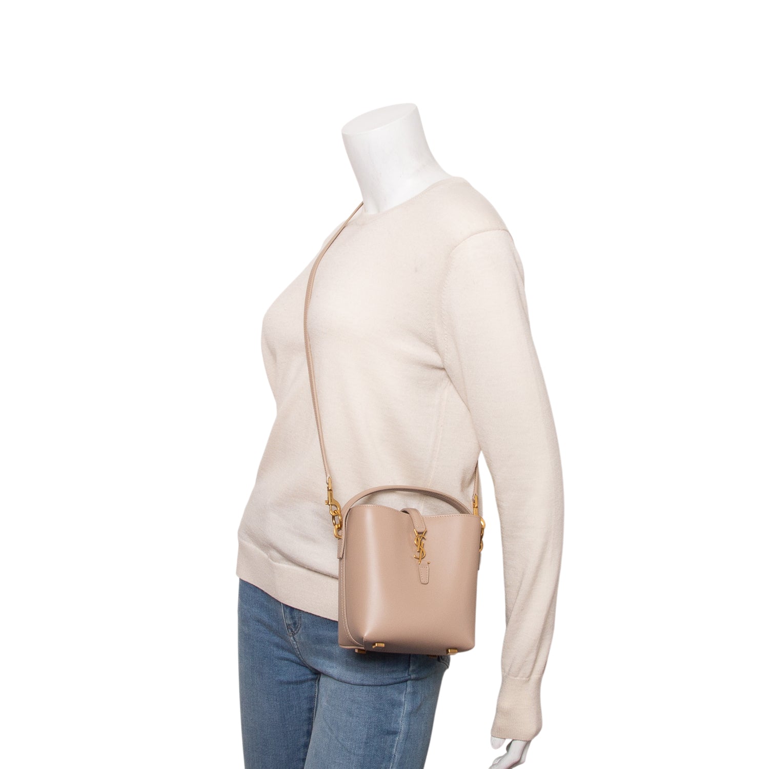 Saint Laurent 2024 Beige Shiny Calfskin Le 37 Mini Bucket Bag w/ Strap