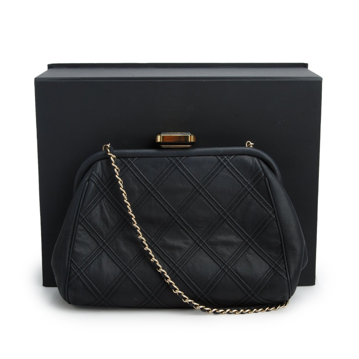 Chanel Black Nubuck Leather Double Stitch Frame Clutch w/ Box & Authenticity Card