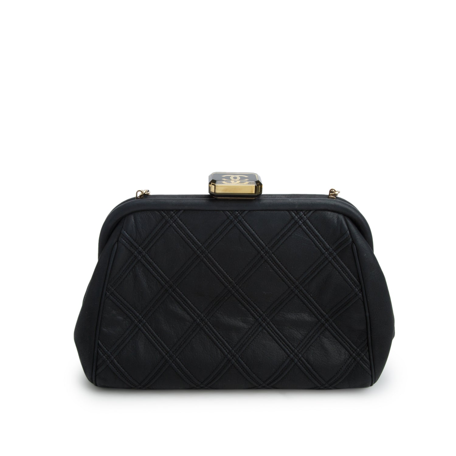 Chanel Black Nubuck Leather Double Stitch Frame Clutch w/ Box & Authenticity Card