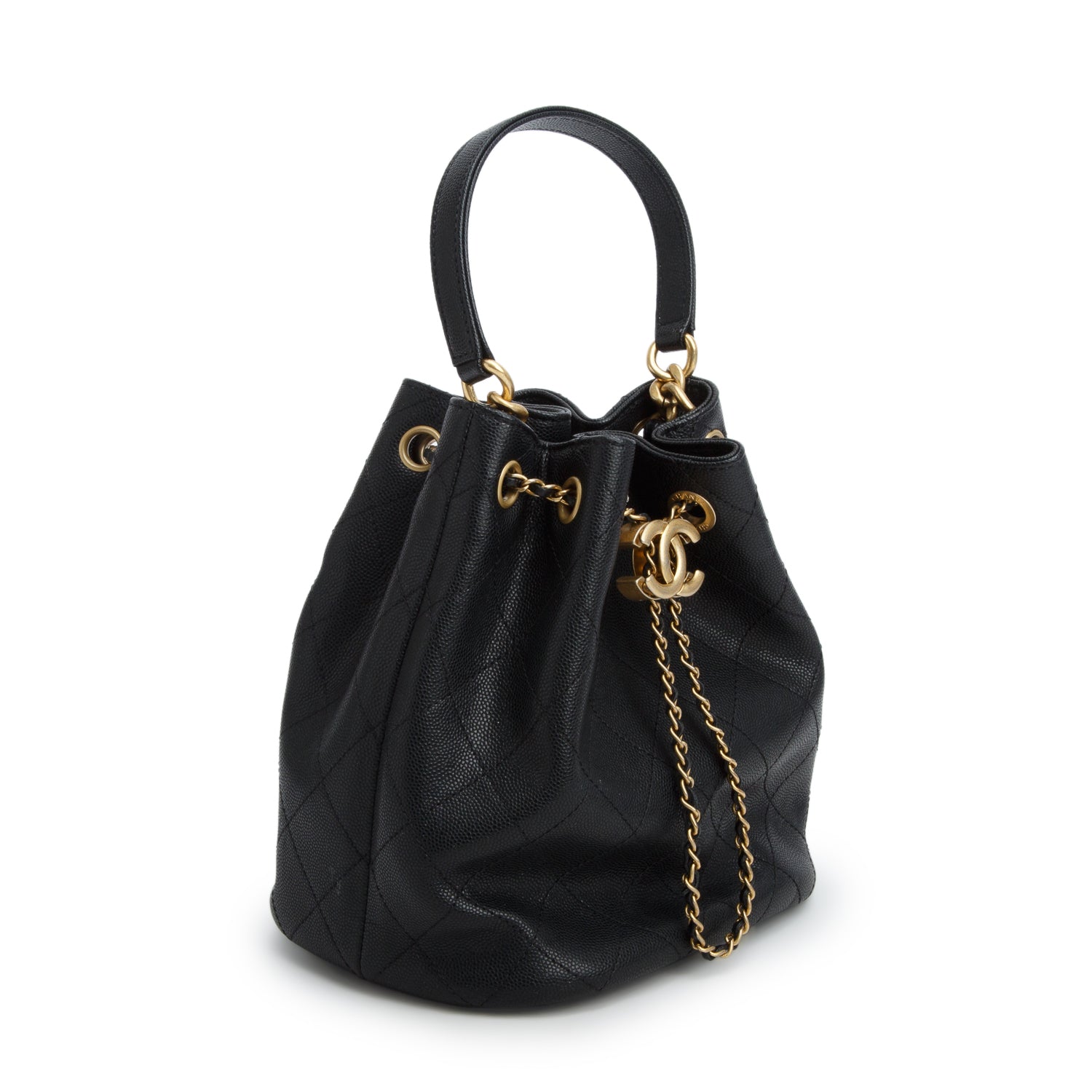 Chanel 2020 Black Caviar Quilted Fashion Therapy Bucket Drawstring Bag w/ Box & Authenticity Card