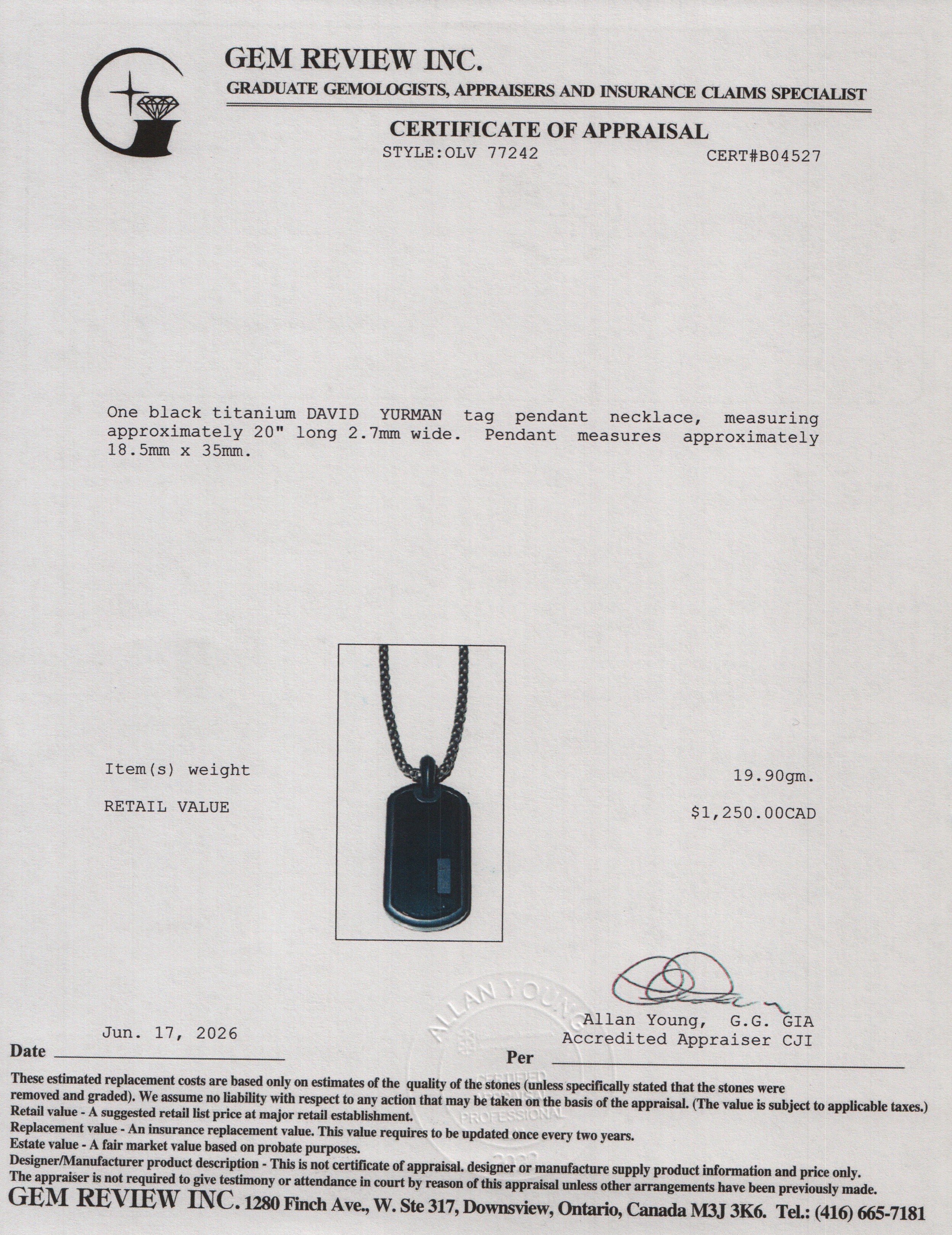 David Yurman Black Titanium Tag Pendant Necklace