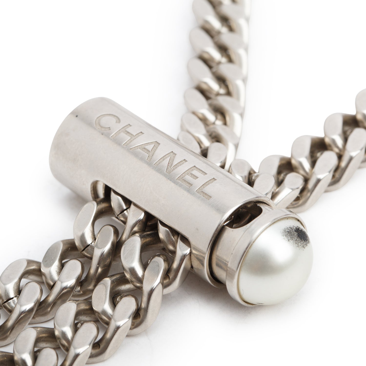 Chanel Palladium-Plated Faux Pearl Bolo Necklace w/ Box