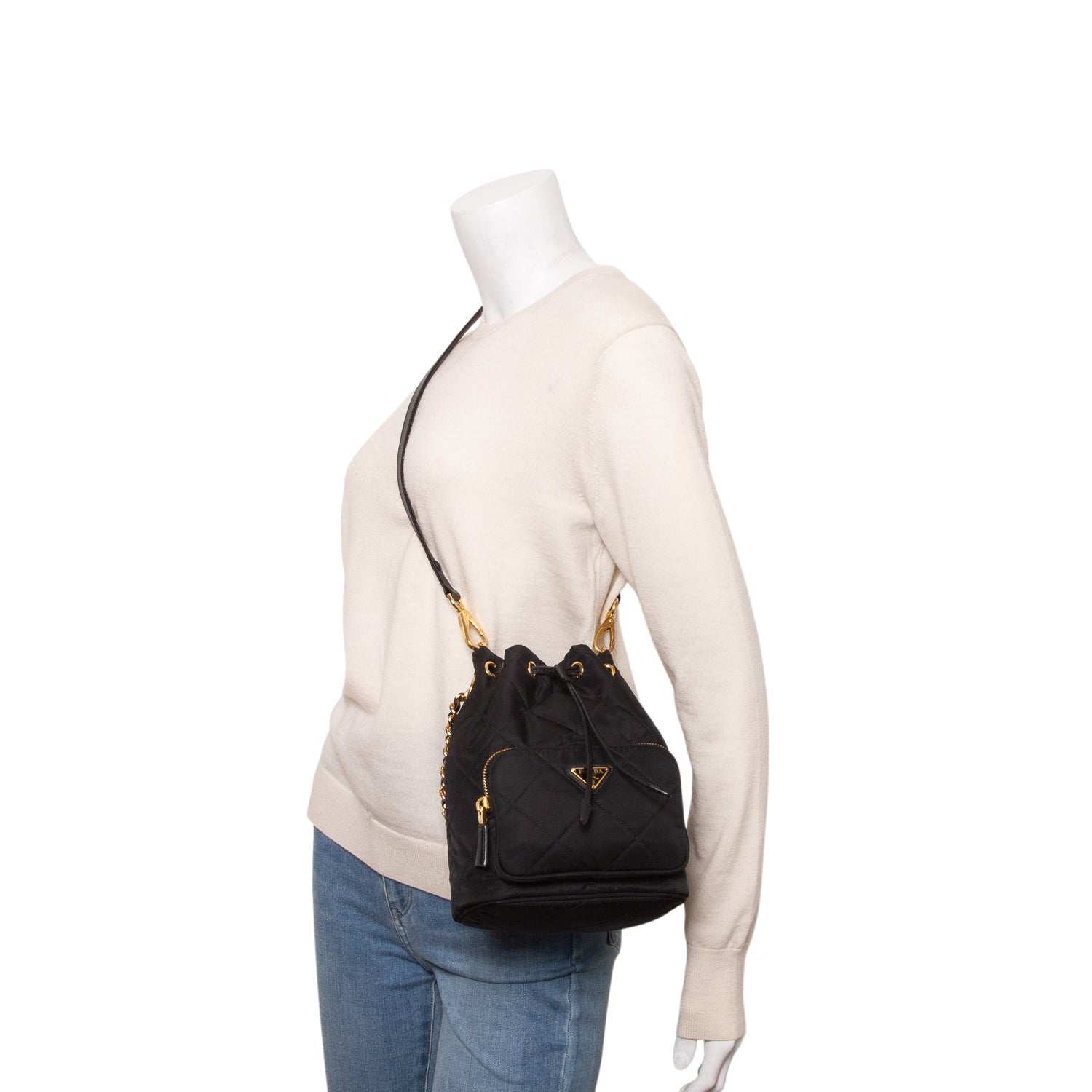 Prada Black Re-Nylon Saffiano Stitched Duet Bucket Bag w/ Strap
