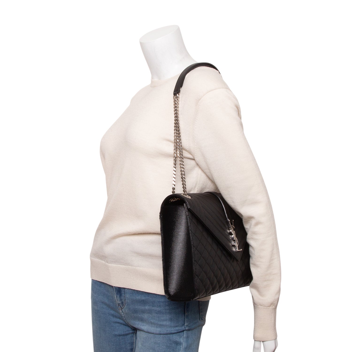 Saint Laurent 2021 Black Grain de Poudre Textured Mixed Matelasse Large Triquilt Monogram Satchel
