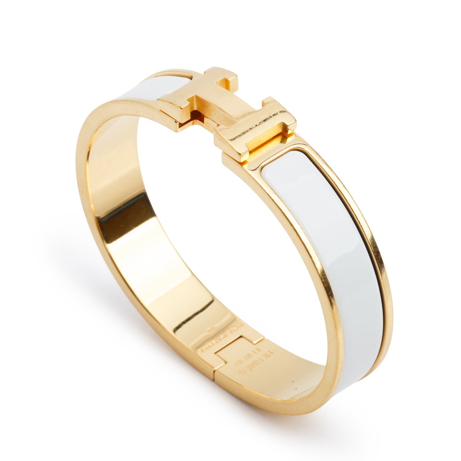 Hermes Gold Plated White Enamel 12 MM Clic H Bracelet w/ Box