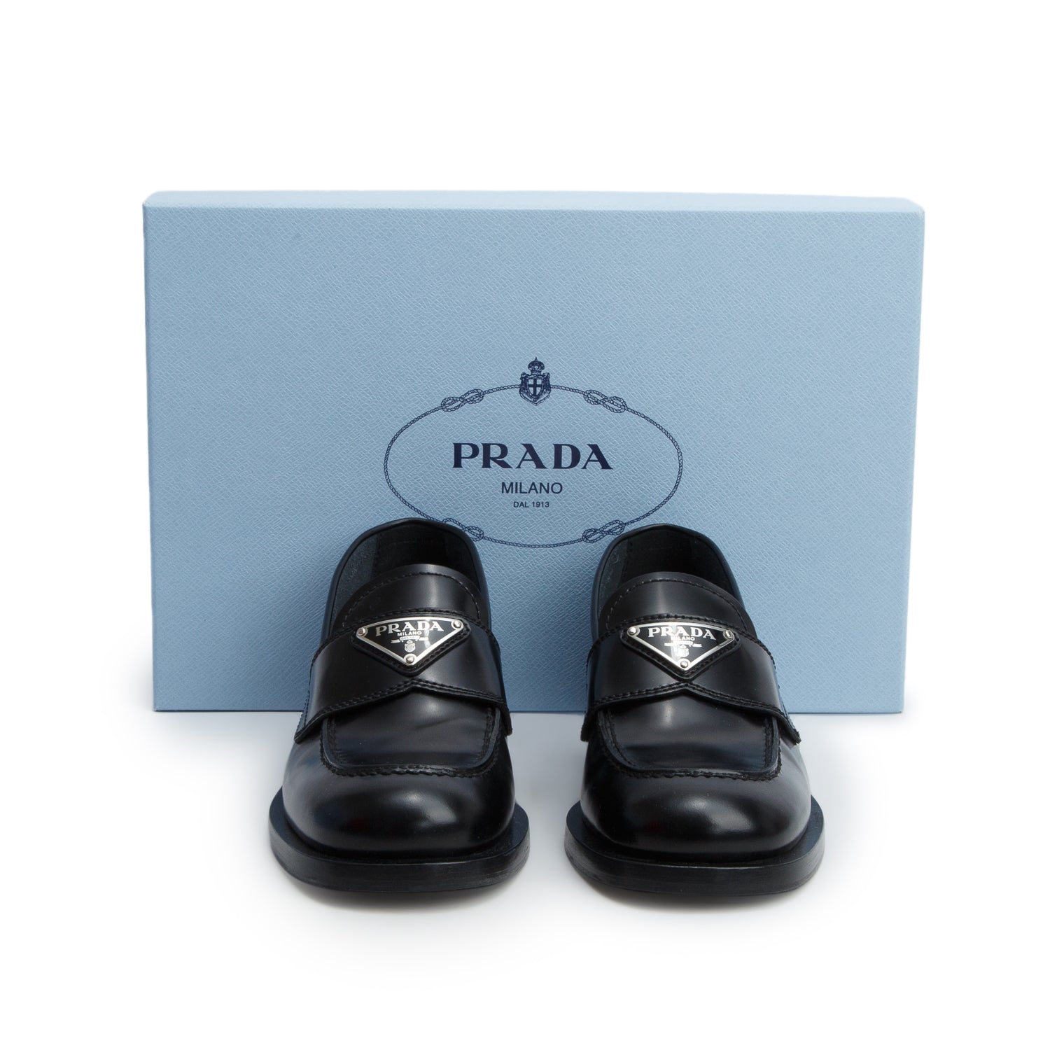 Prada Black Brushed Calfskin Leather Metal Triangle Logo Loafers, Women's Size 35 w/ Box
