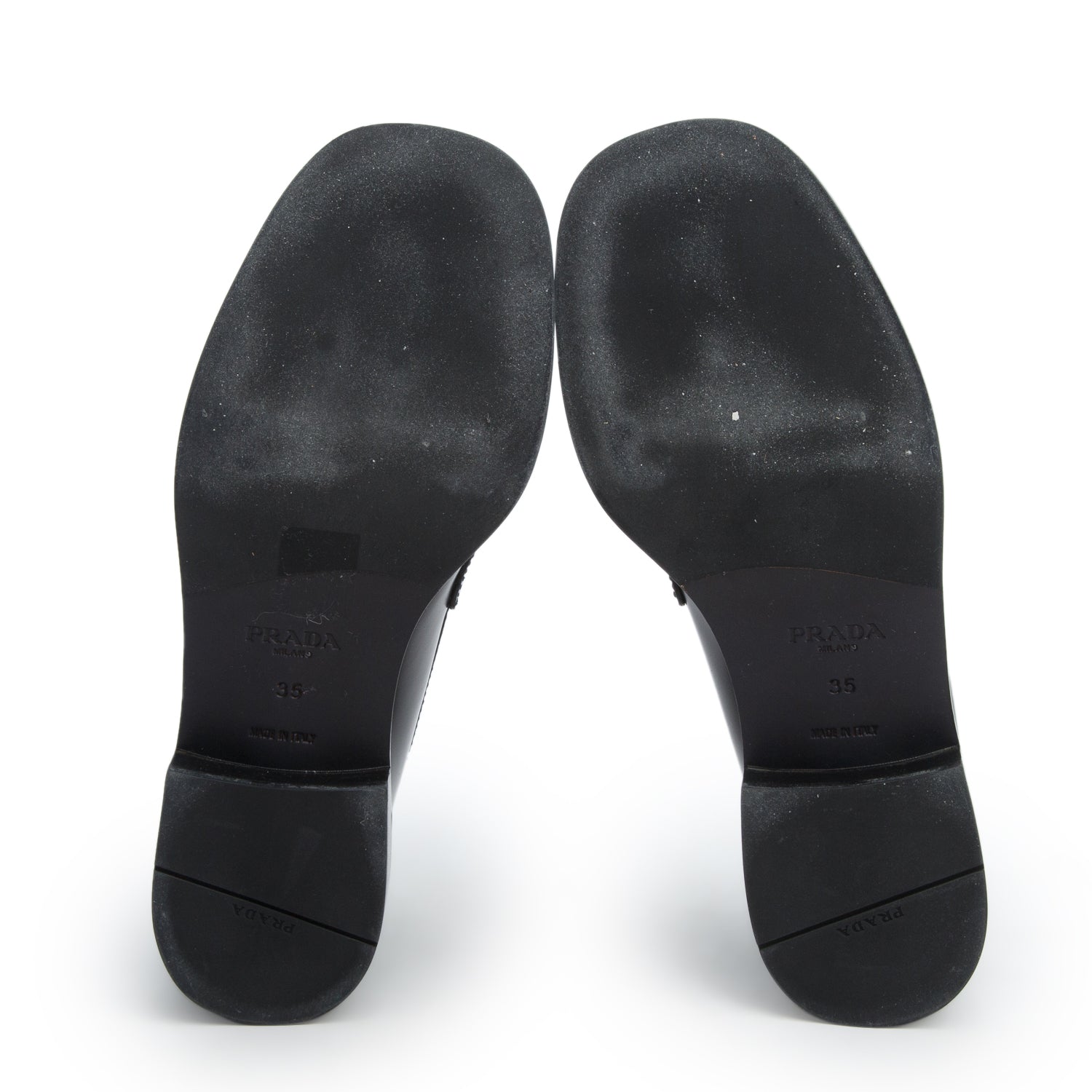 Prada Black Brushed Calfskin Leather Metal Triangle Logo Loafers, Women's Size 35 w/ Box