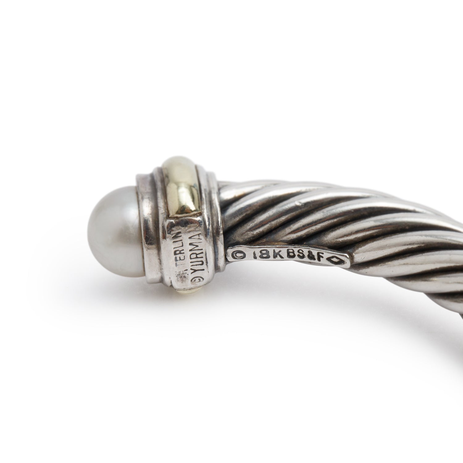 David Yurman Sterling Silver & 18k Yellow Gold Pearl 7 MM Cable Cuff Bracelet