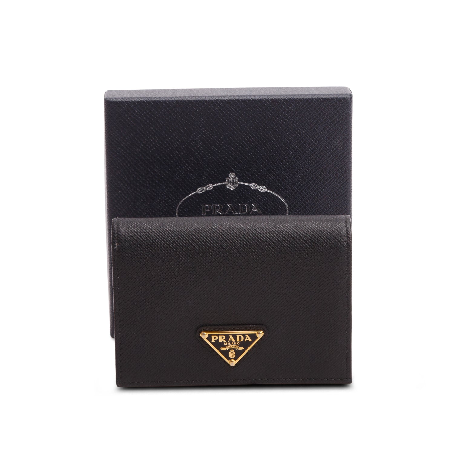 Prada Black Saffiano Metal Leather Small Triangle Logo Flap Wallet w/ Box