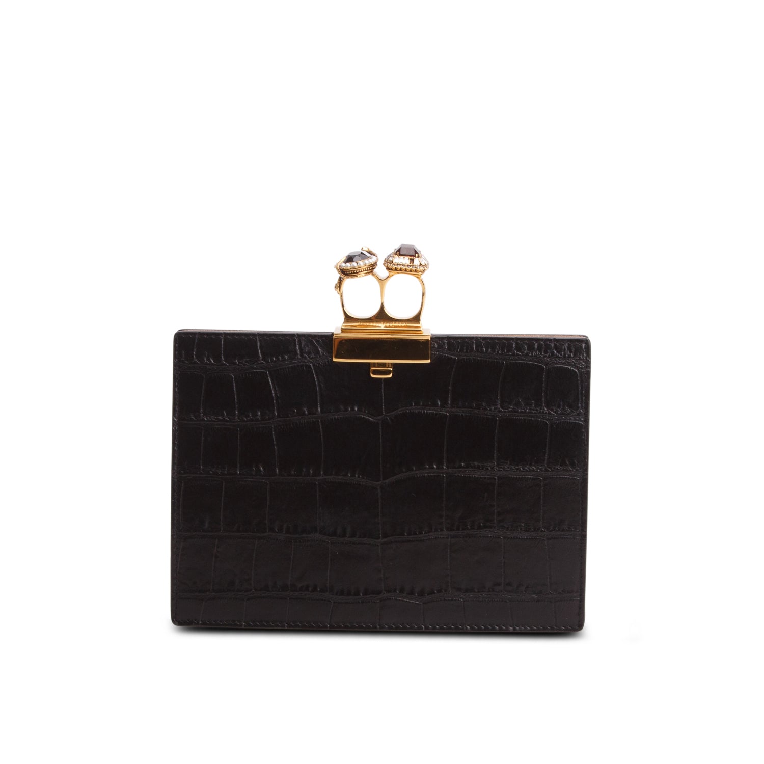 Alexander McQueen Calfskin Crocodile Embossed Knuckle Flat Clutch w/ Box