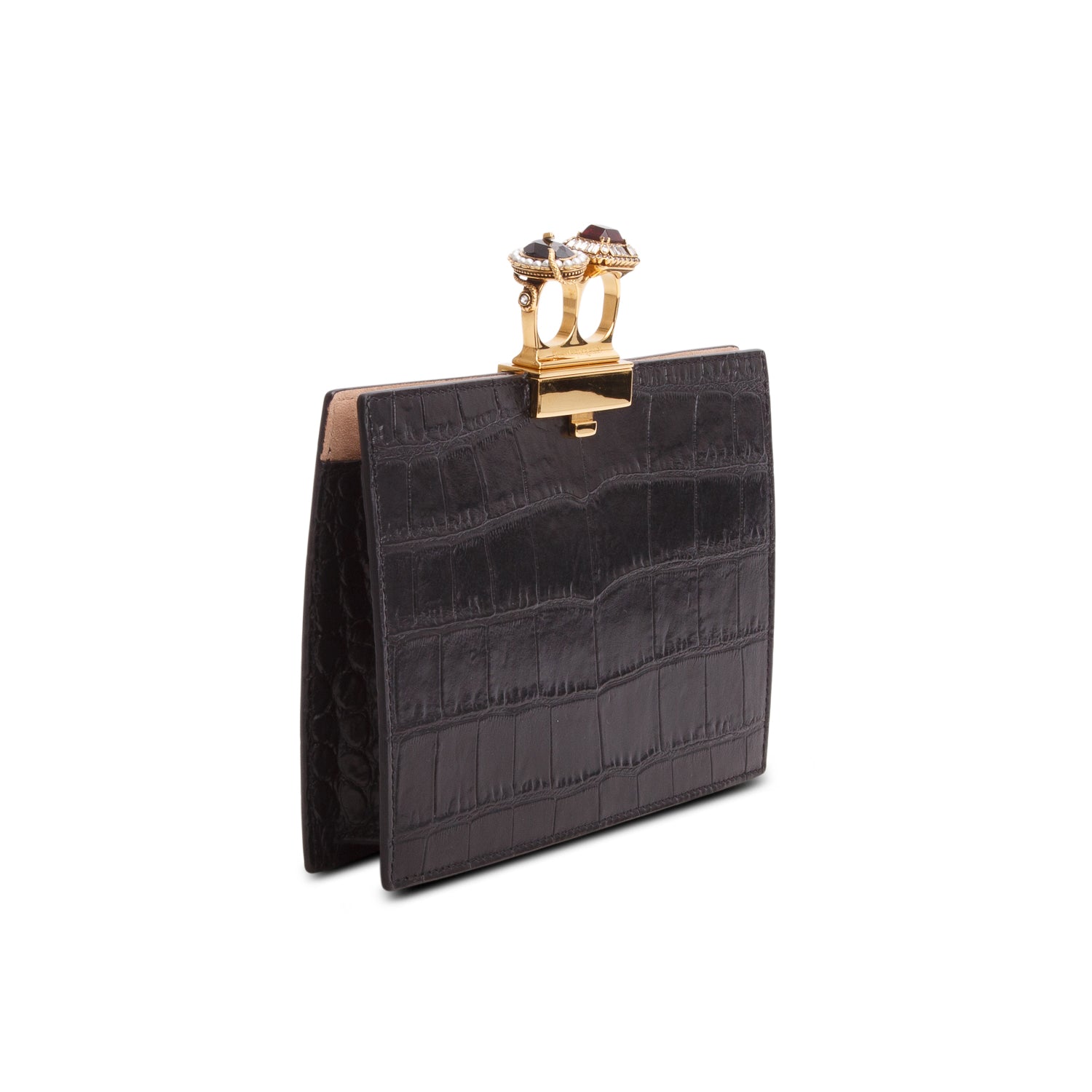 Alexander McQueen Calfskin Crocodile Embossed Knuckle Flat Clutch w/ Box