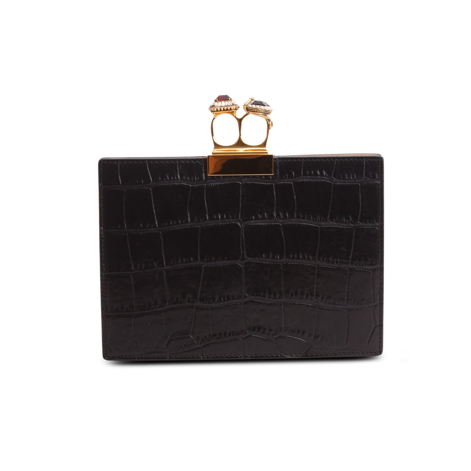 Alexander McQueen Calfskin Crocodile Embossed Knuckle Flat Clutch w/ Box