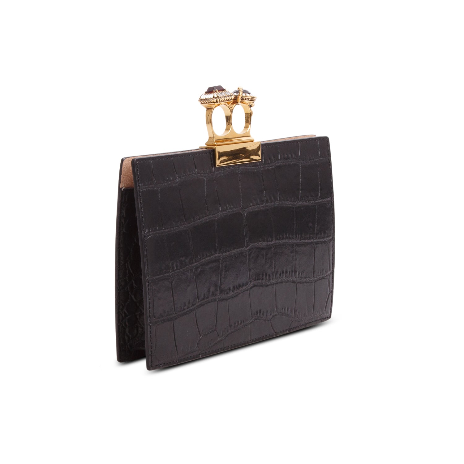 Alexander McQueen Calfskin Crocodile Embossed Knuckle Flat Clutch w/ Box
