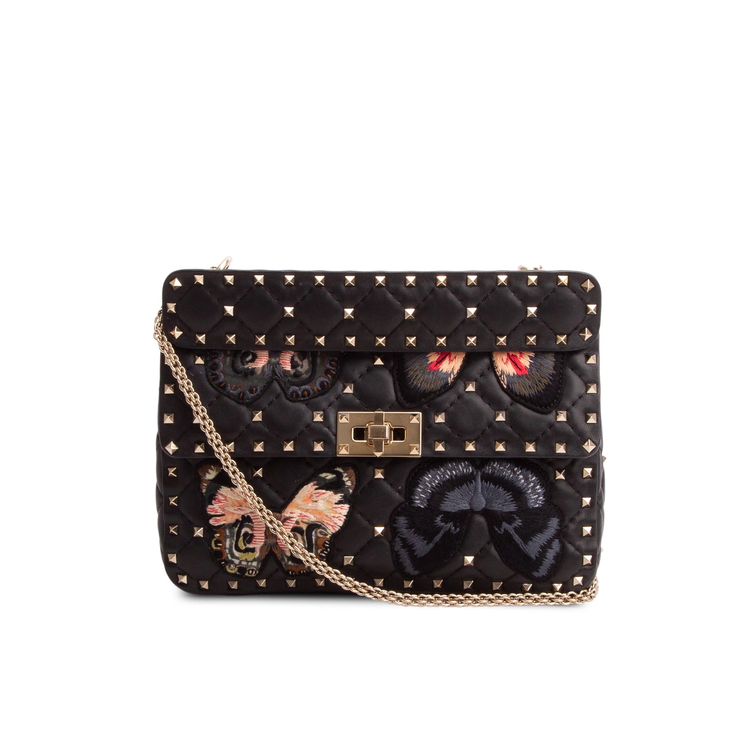 Valentino 2020 Black Nappa Leather Medium Rockstud Butterfly Embroidered Spike Shoulder Bag w/ Receipt
