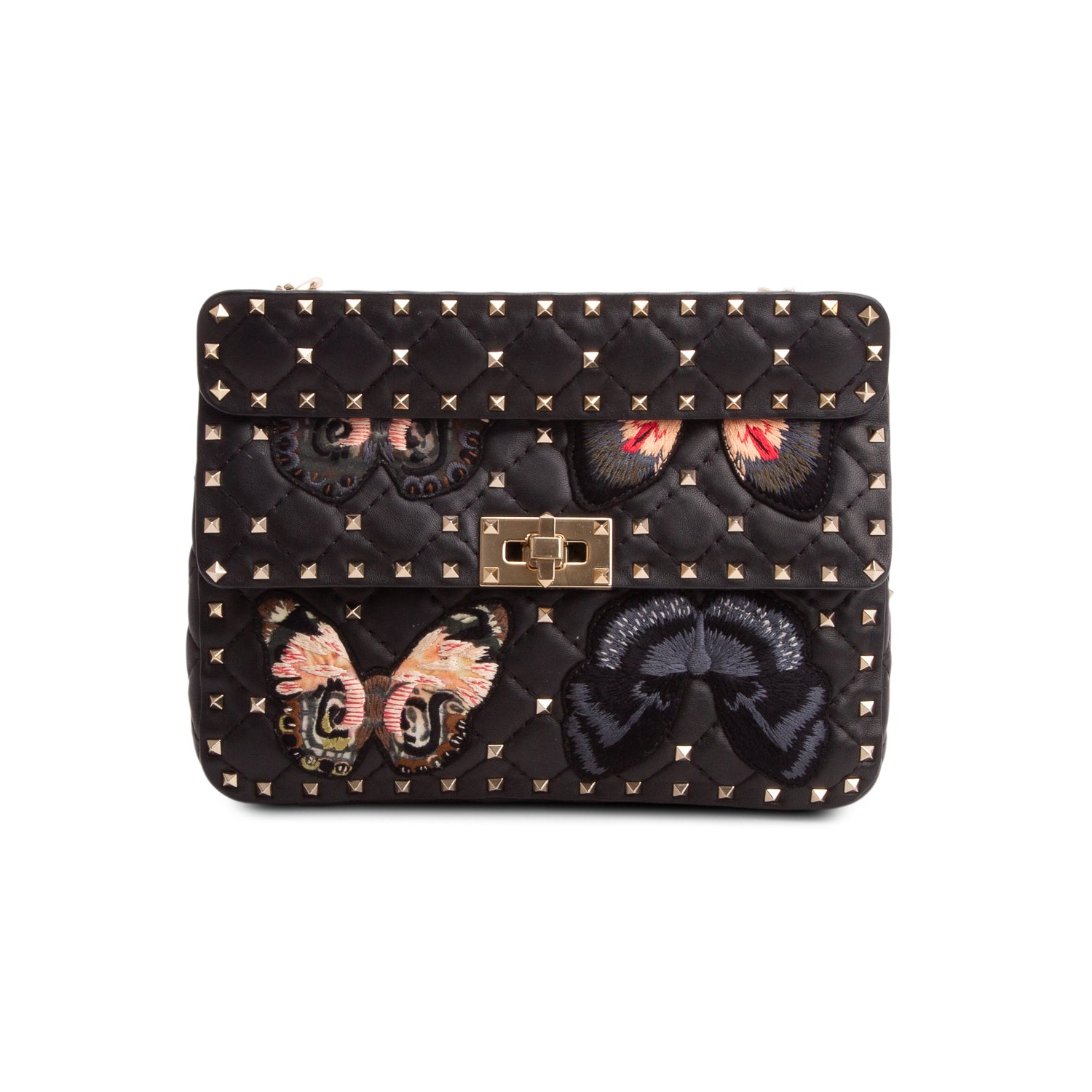 Valentino 2020 Black Nappa Leather Medium Rockstud Butterfly Embroidered Spike Shoulder Bag w/ Receipt