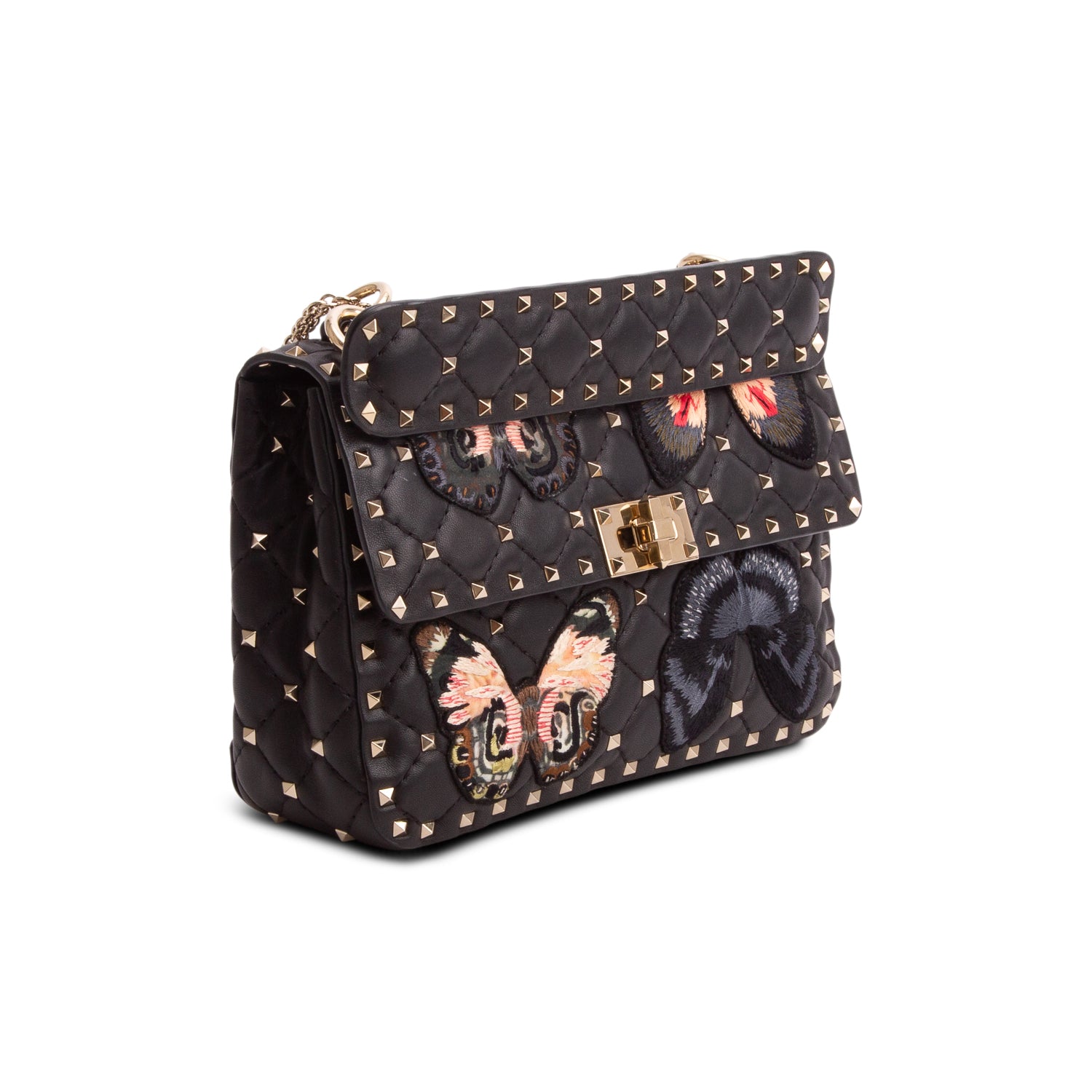 Valentino 2020 Black Nappa Leather Medium Rockstud Butterfly Embroidered Spike Shoulder Bag w/ Receipt